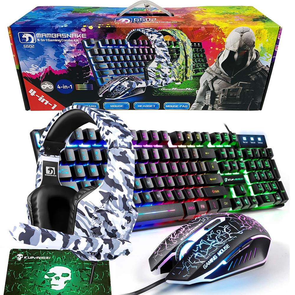 RGB Gaming Keyboard, Mouse, Headset & Mouse Pad Combo - Wired LED Backlit PC Accessories for Xbox, PS4, PS5 & Nintendo Switch - Perfect for Competitive Gaming & Streaming Setup