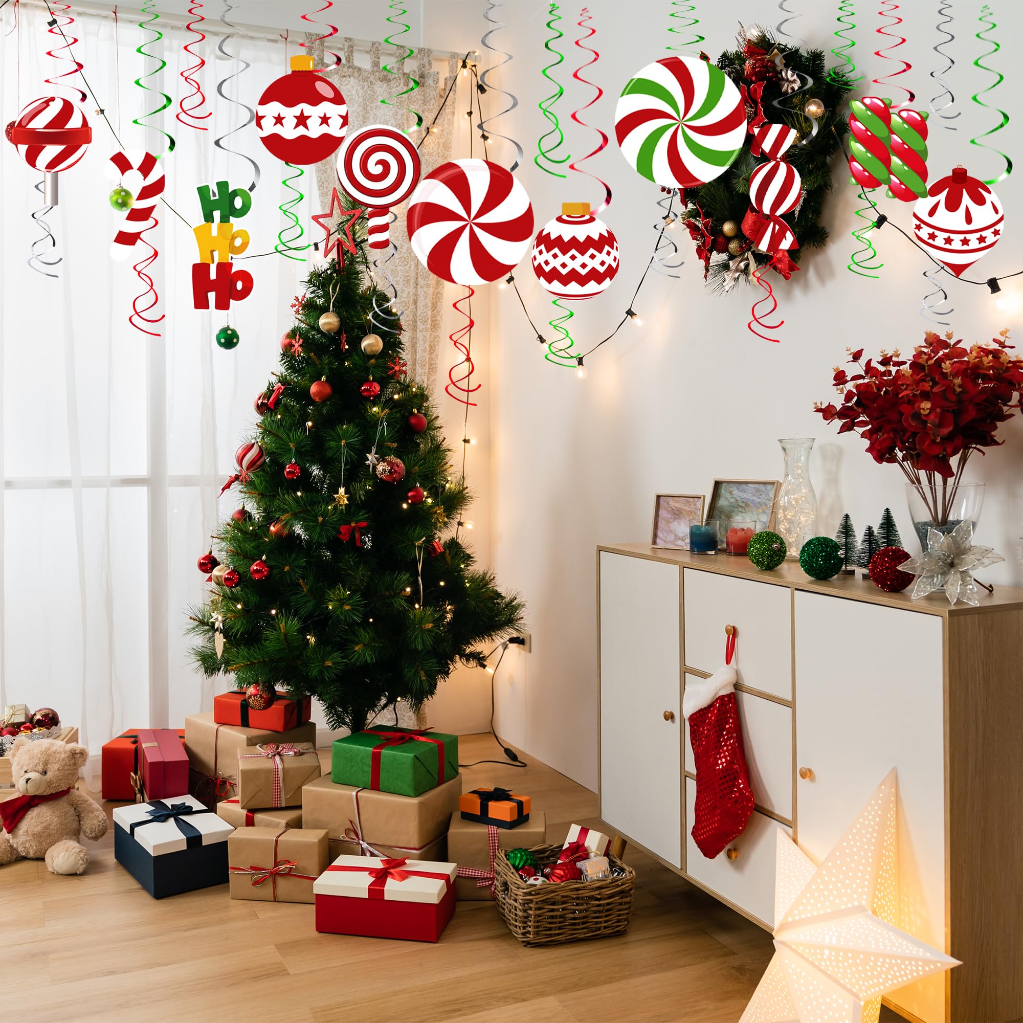 57pcs Christmas Candy Hanging Swirl Decorations - Xmas Party Ceiling Hanging Streamers, Peppermint Candy Cutouts Ornaments for Holiday Party, Classroom & Home Decor - Perfect for Christmas Tree, Gift Wrapping & Festive Celebrations