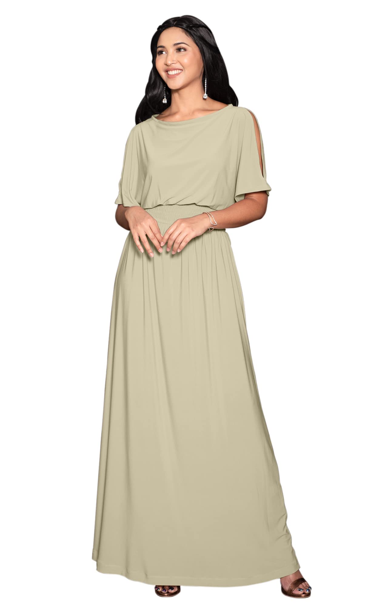 Elegant Women's Split Sleeve Smocked Cocktail Maxi Dress for Party, Wedding & Evening Occasions | KOH KOH Long Dress