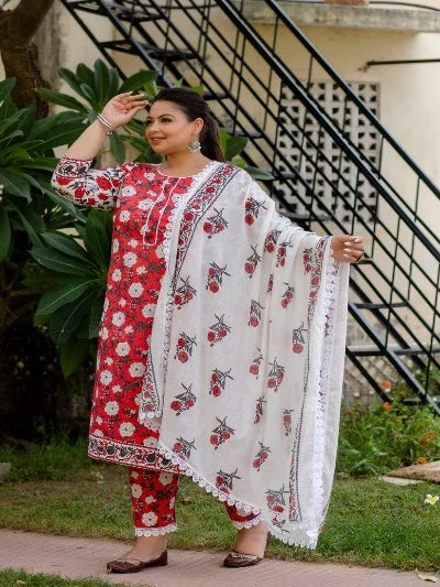 Plus Size Red & White Floral Printed Cotton Salwar Suit for Women | Comfortable Indian Ethnic Outfit for Festivals, Weddings & Special Occasions