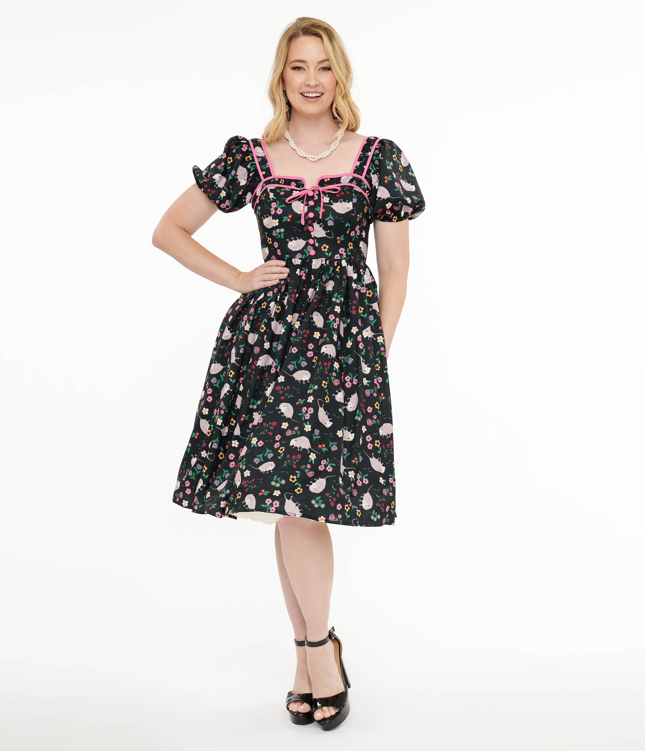 Vintage 1940s Black & Pink Awesome Possum Button Front Swing Dress - Retro Style Floral Print Cocktail Party & Swing Dance Dress for Women