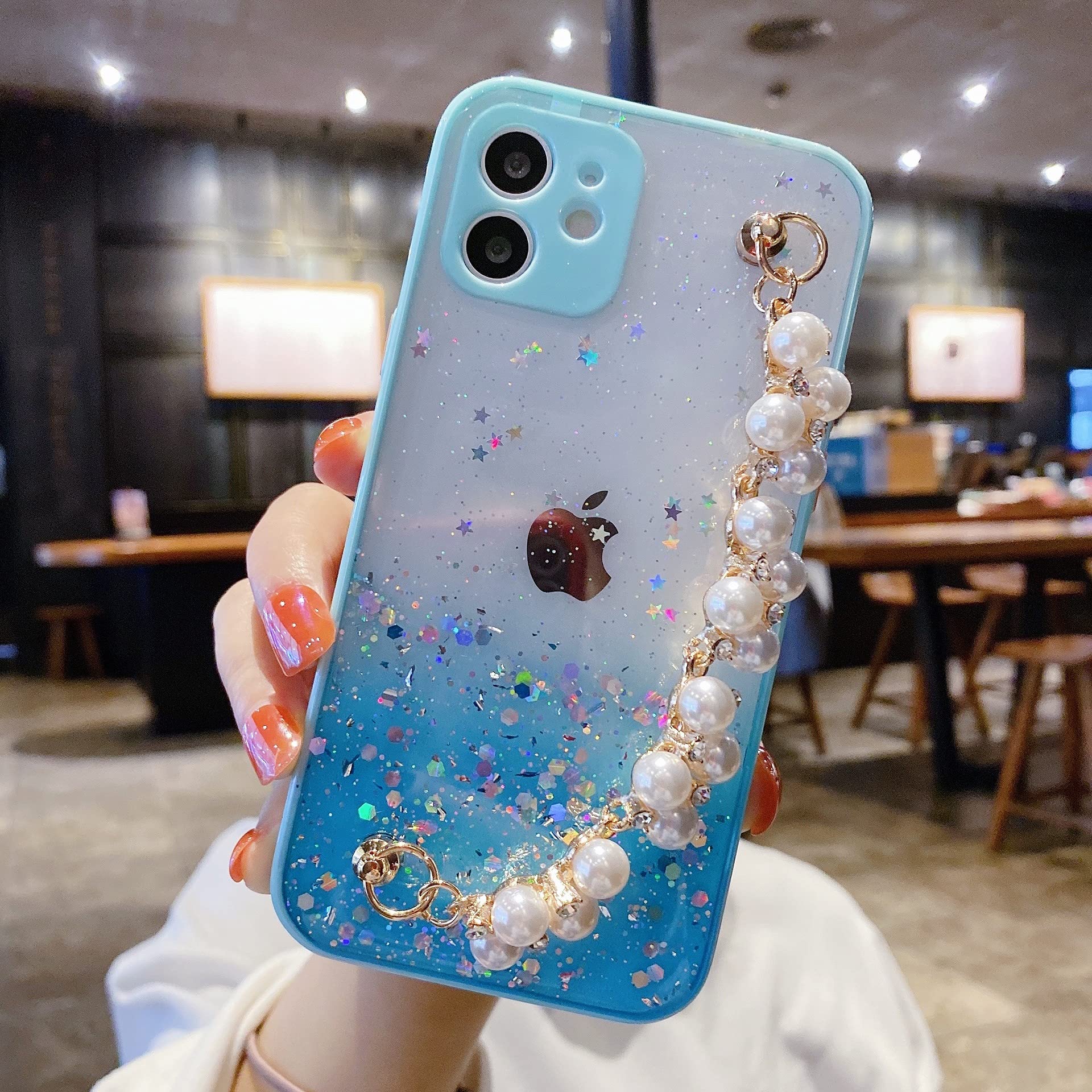 Sparkly Glitter iPhone 13 Pro Max Case with Pearls & Chain Strap - Cute Clear Bling Phone Cover for Women & Girls | Shockproof TPU Protection | Perfect for Parties, Dating & Everyday Use (Blue)