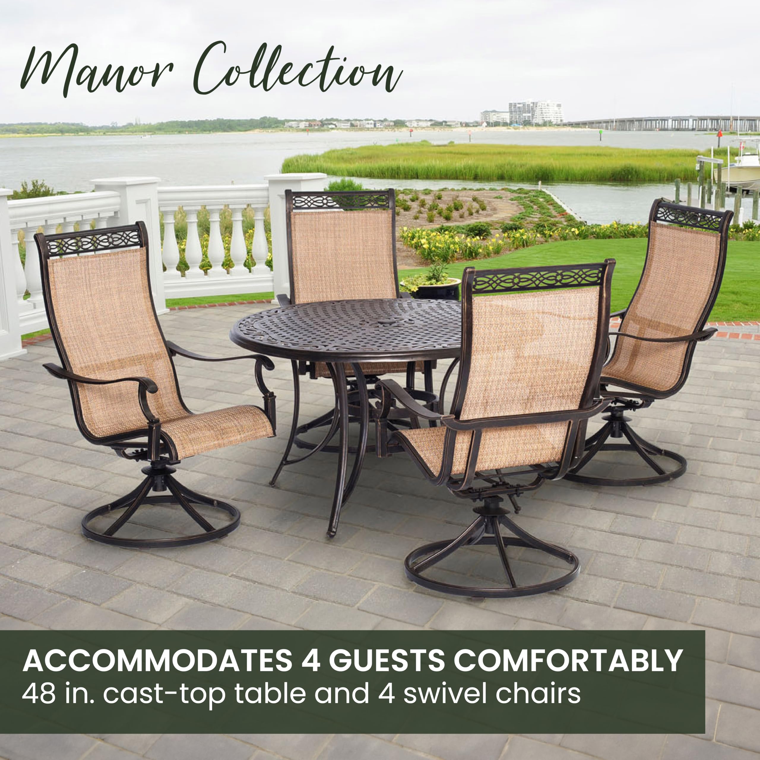 Hanover Manor 5-Piece Outdoor Dining Set - Rust-Resistant Aluminum Patio Furniture with PVC Sling 360° Swivel Rocking Chairs & Round Table for Backyard, Deck, Porch - Perfect for Outdoor Entertaining & Relaxation