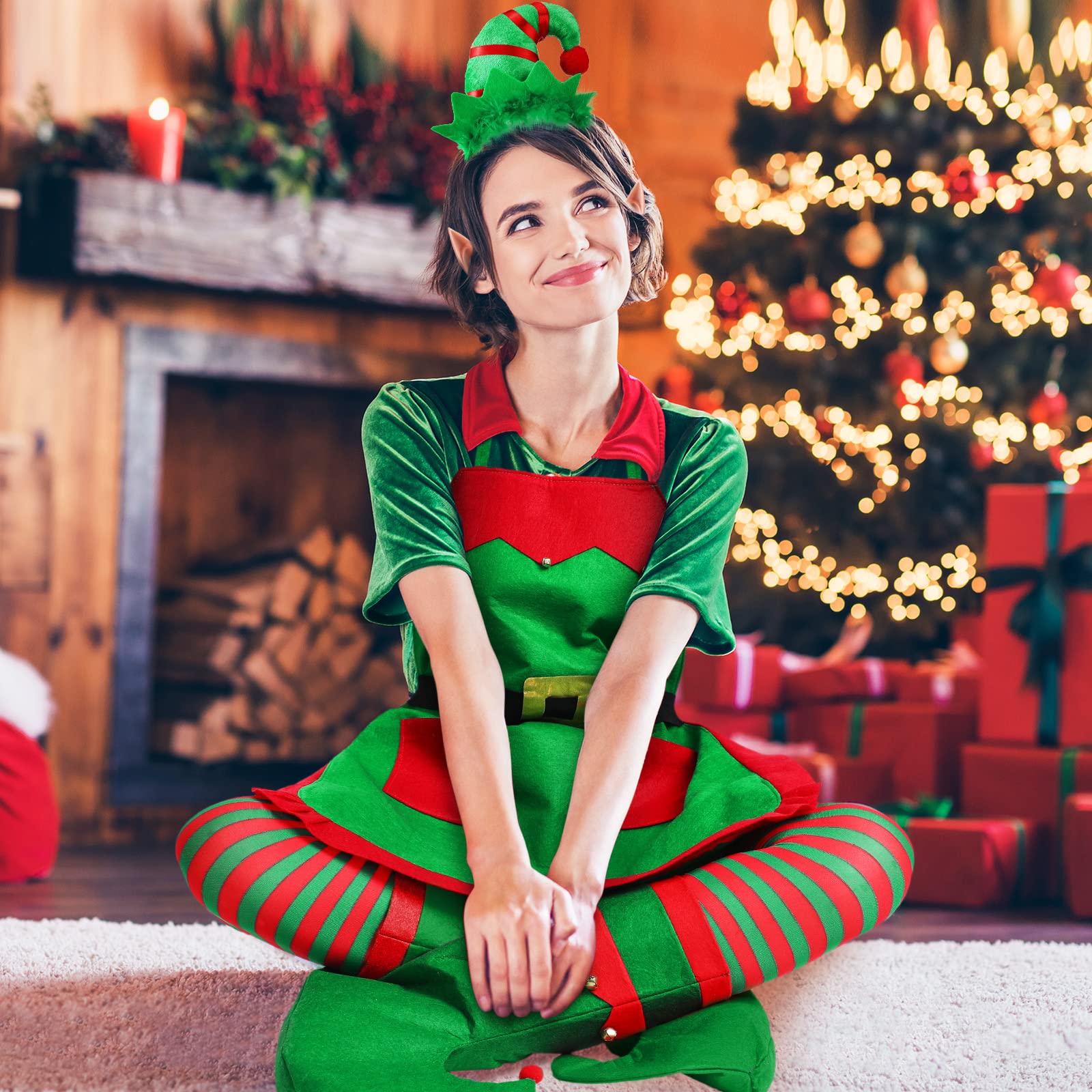 Women's Christmas Elf Costume Set - Santa Hat, Shoes, Socks & Ears Accessories | Festive Holiday Party Outfit for Xmas, Cosplay & Themed Events