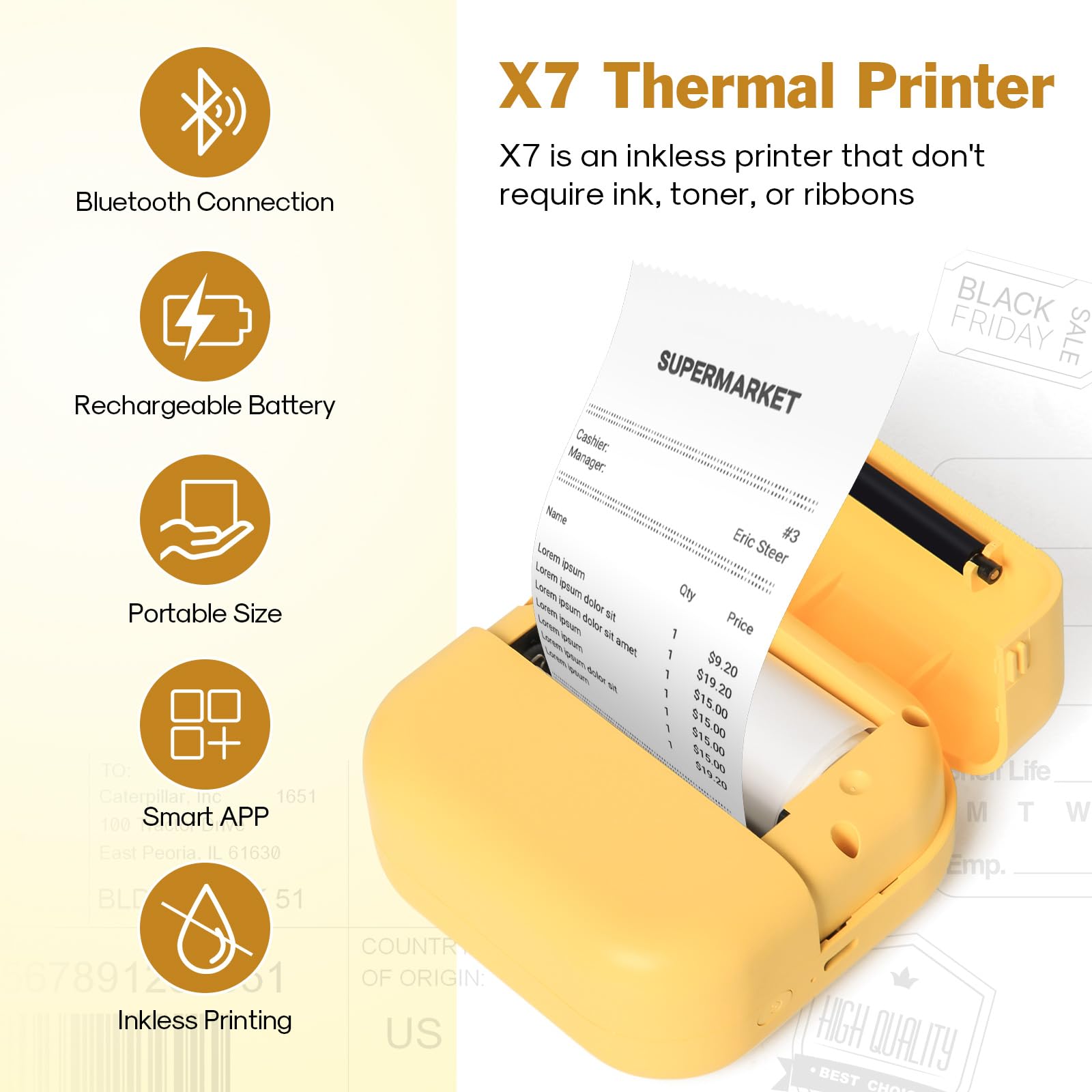 Mini Sticker Printer - Inkless Bluetooth Thermal Printer for Photos, Journals & DIY Projects | Compatible with iOS/Android | Includes 6 Paper Rolls (Yellow) | Perfect for Scrapbooking, Planner Decoration & School Notes