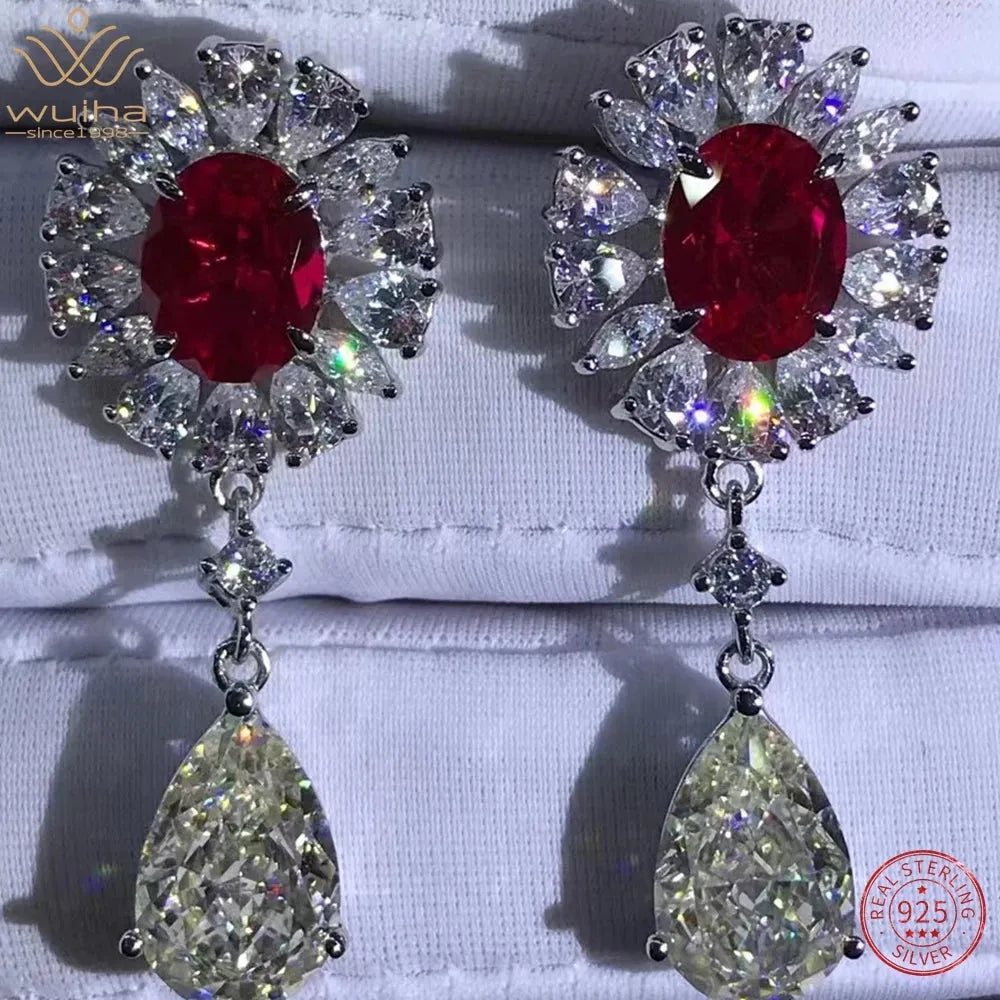 WUIHA 925 Sterling Silver Platinum Plated 12CT Ruby & Sapphire Moissanite Drop Earrings for Women - Elegant Dangle Jewelry Gift for Birthday, Anniversary & Special Occasions