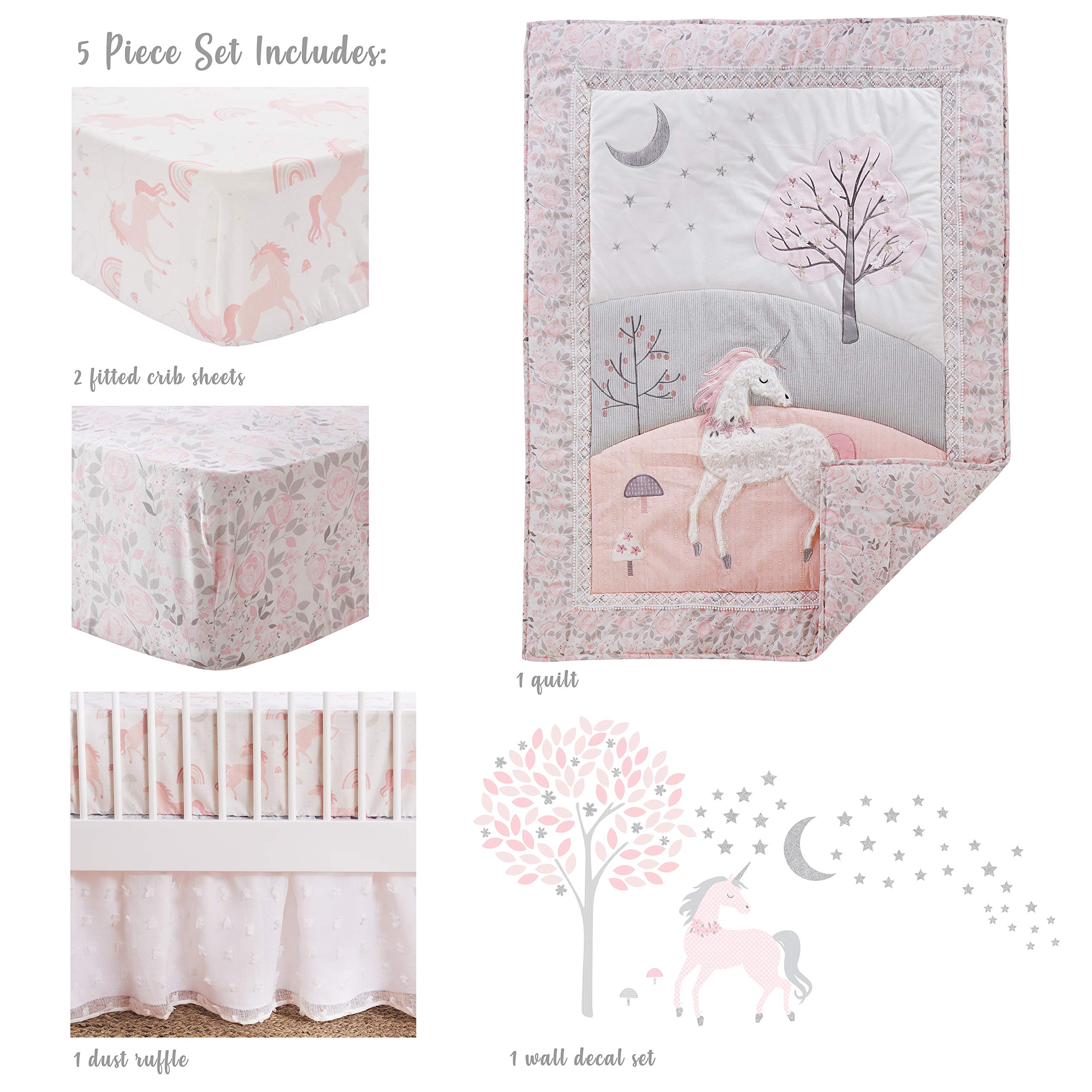 Levtex Baby Colette 5-Piece Crib Bedding Set - Grey Pink White Unicorn Nursery Collection with Quilt, Fitted Sheets, Wall Decal & Dust Ruffle | Perfect for Baby Girl's Room Decor & Newborn Gift