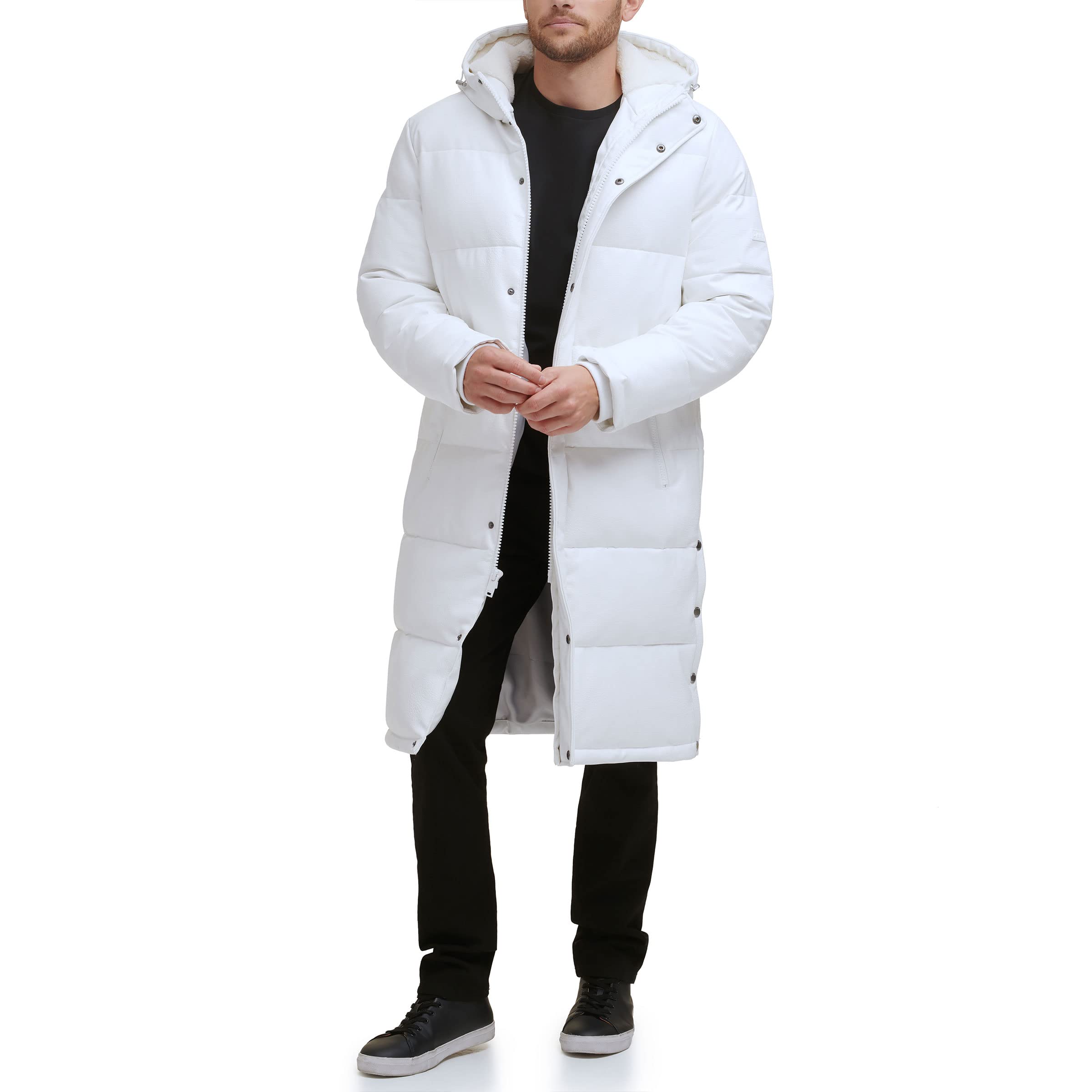 DKNY Men's Faux Leather Long Quilted Jacket - Stylish Winter Coat for Casual Outings & Date Nights
