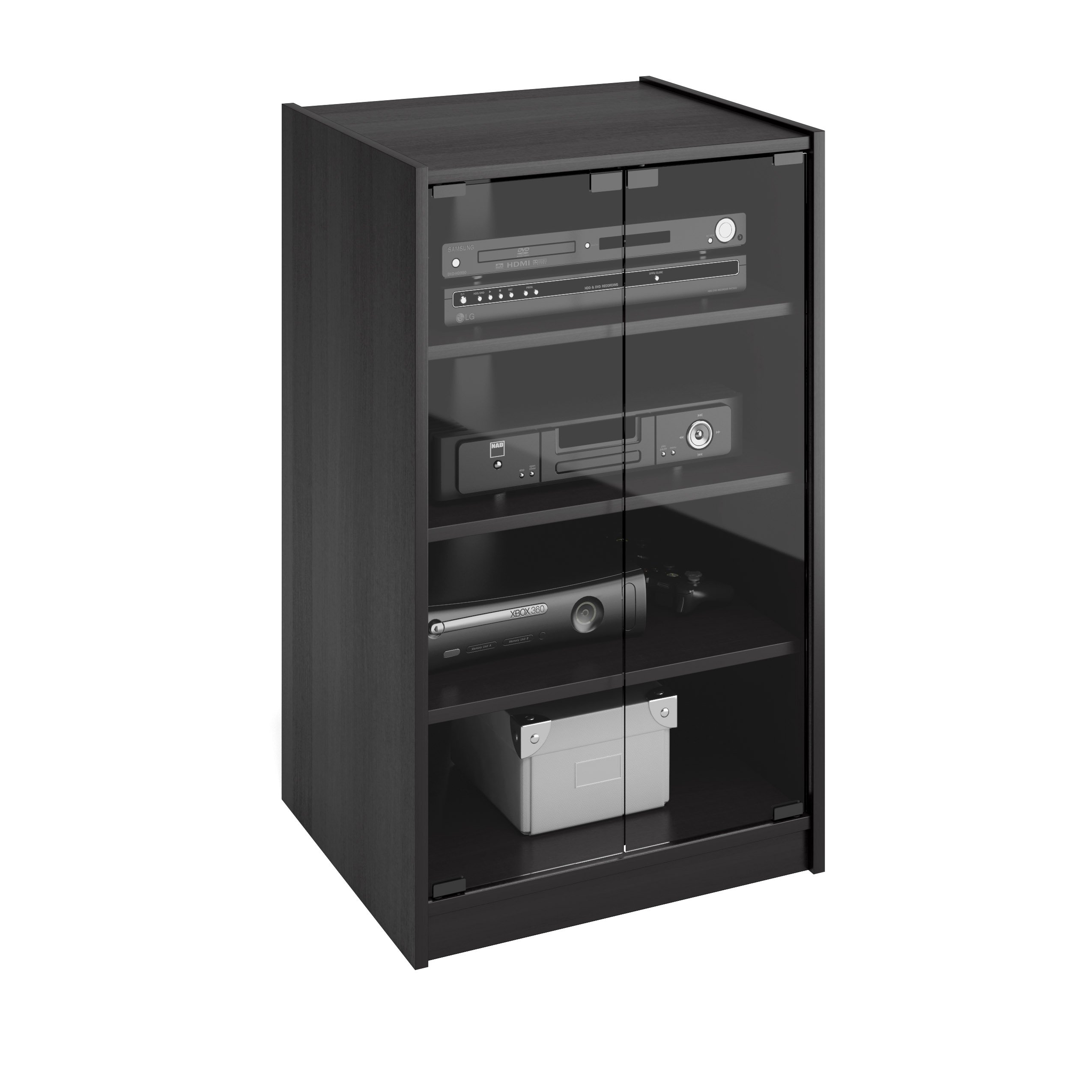 Corliving 4-Tier Media Stand with Adjustable Shelves - Black DVD Storage Cabinet with Tempered Glass Doors & Cable Management - Perfect for Living Room, Home Theater & Game Console Organization