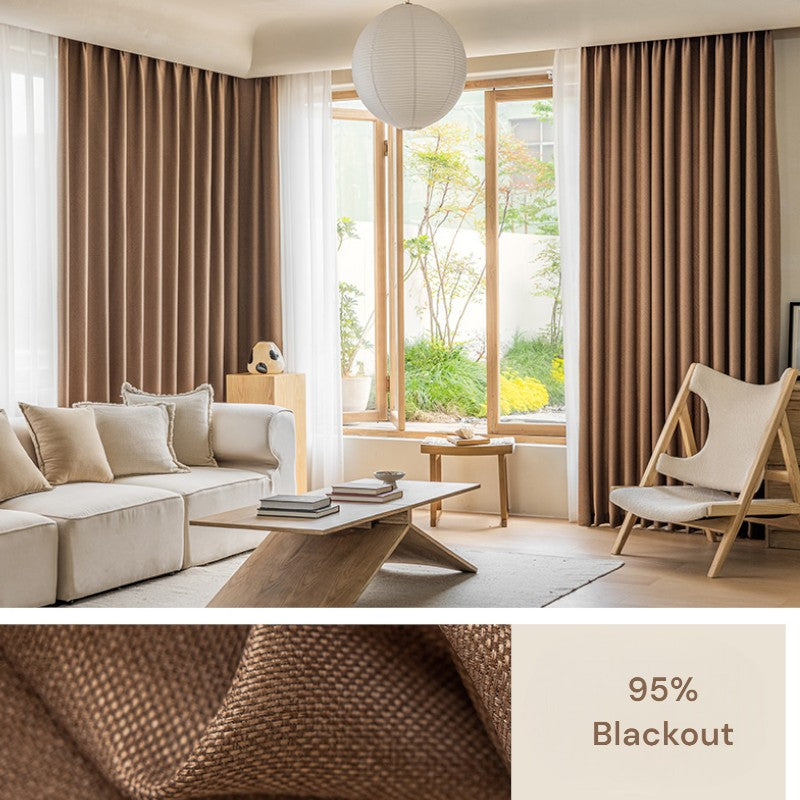 Blackout Insulated Linen Curtains - Genesis Brown Thermal Custom Drapes for Bedroom & Living Room Privacy & Energy Efficiency