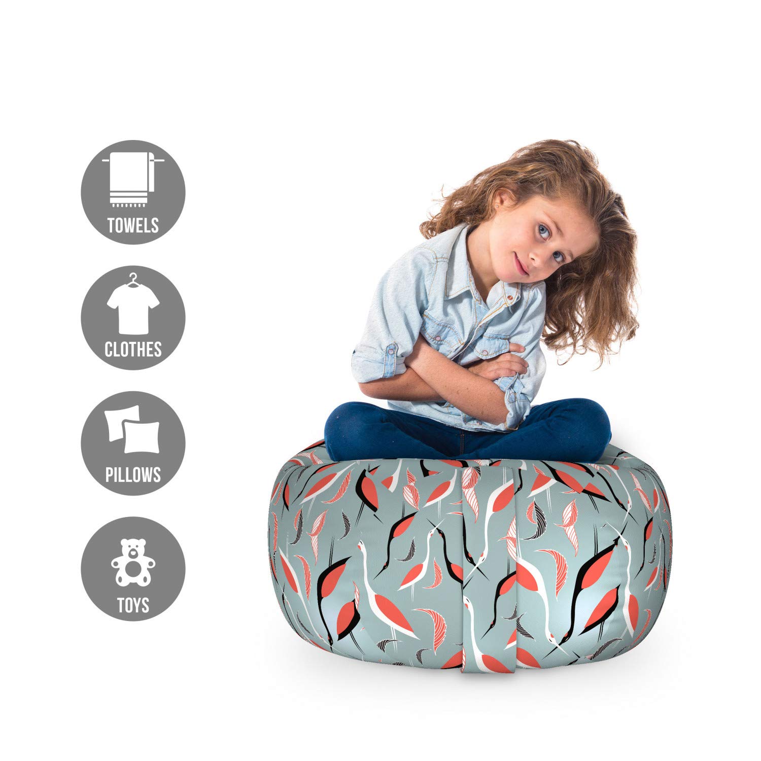 Ambesonne Heron Storage Toy Bag Chair - Abstract Birds & Leaves Design, Washable Stuffed Animal Organizer, Small Size in Pale Teal Coral - Perfect for Kids' Room, Nursery, Playroom & Toy Storage Organization