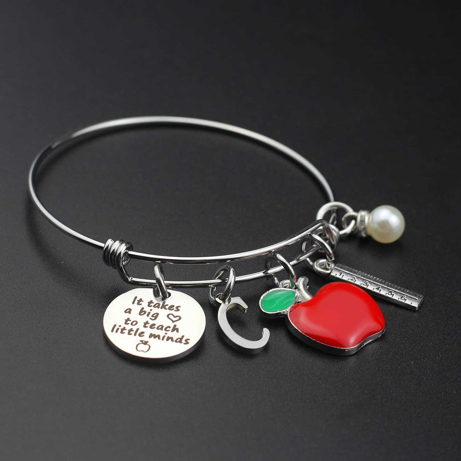 Scwasen Initial Teacher Bracelet for Women - Heart Shaped Teacher Appreciation Gift with 'It Takes a Big Heart to Teach Little Minds' Engraving - Thank You Bangle Bracelet for Teachers Day, Birthday, Retirement - Perfect for Classroom Gifts & Special Occasions