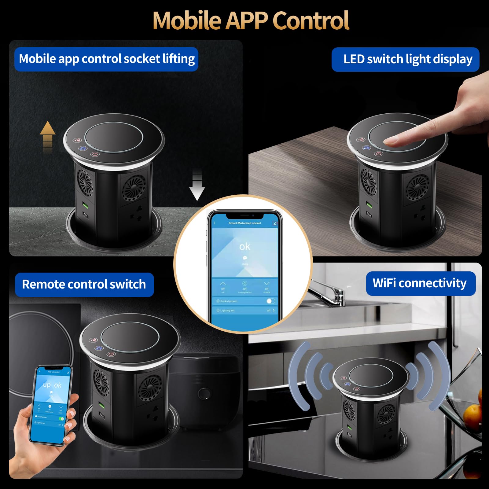 Smart Pop-Up Outlet for Countertop with 15W Wireless Charger & 20W Power Delivery - 3 AC Outlets, 2 USB Ports & Bluetooth Speaker - APP Remote Control for Home & Office Workspace