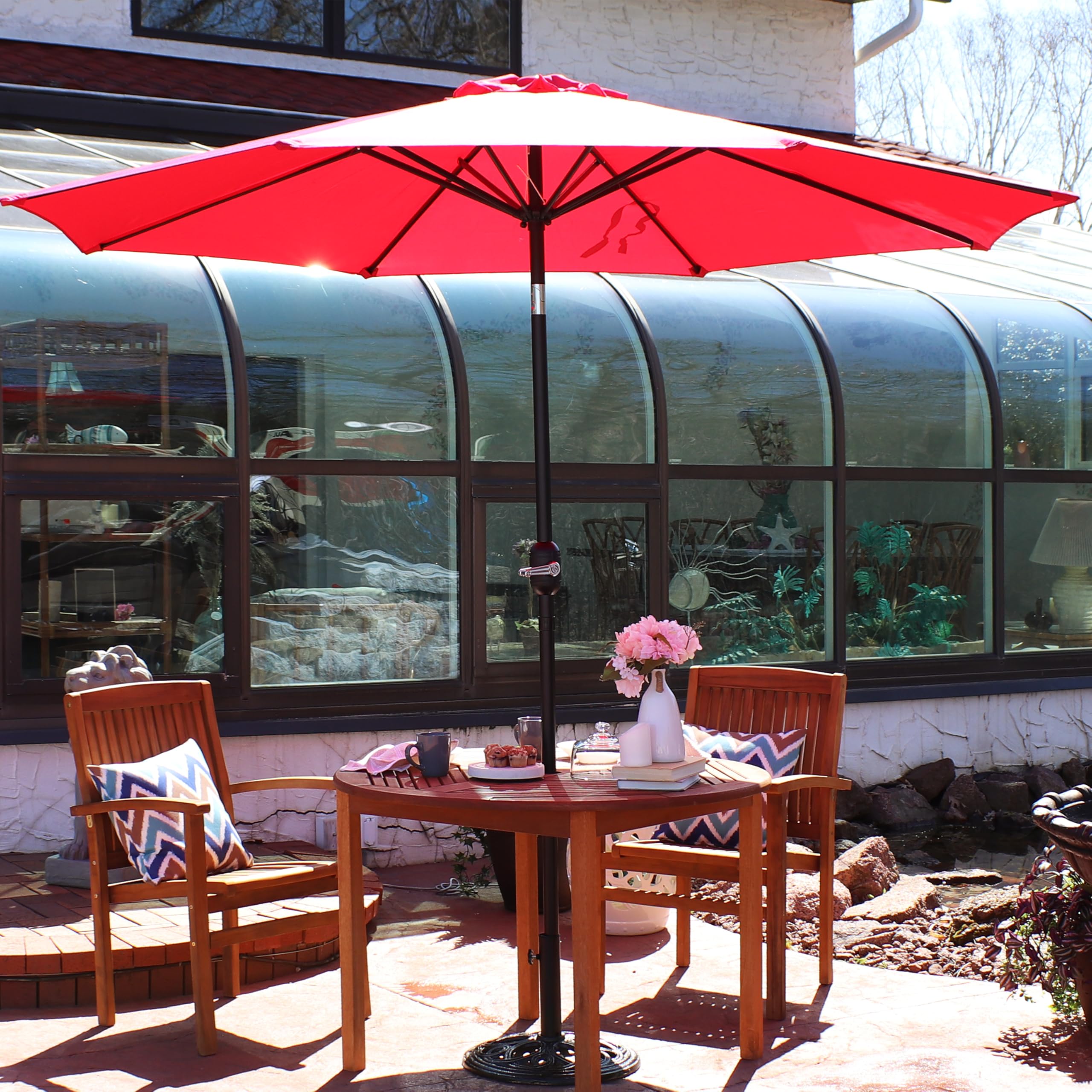 Sunnydaze 9 ft Outdoor Patio Umbrella with Push-Button Tilt & Crank - Heavy Duty 8-Rib Polyester Market Umbrella for Table - Sun Shade for Backyard, Poolside & Outdoor Dining - Red