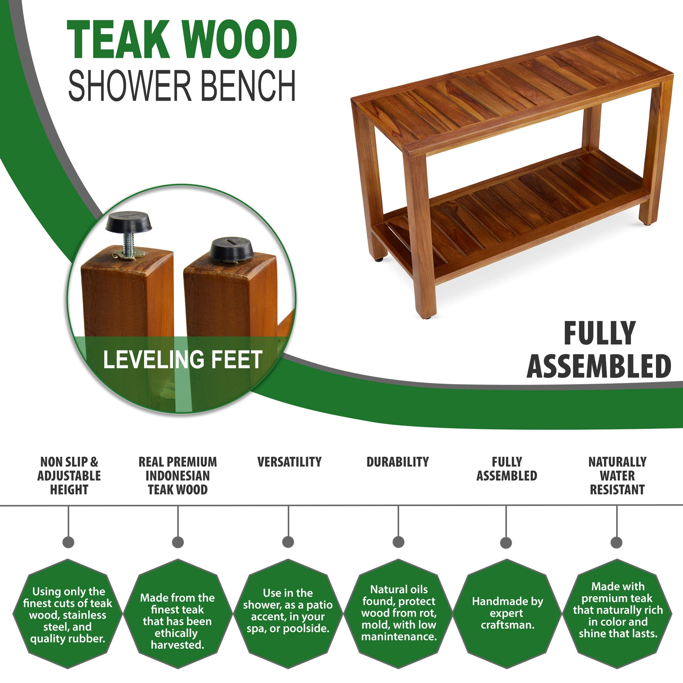 Teak Shower Bench with Shelf 30 Inch - Solid Teak Wood Bathroom Stool for Spa, Sauna & Shower | Freya Fully Assembled Shower Seat | Perfect for Relaxation, Exfoliation & Bathroom Storage