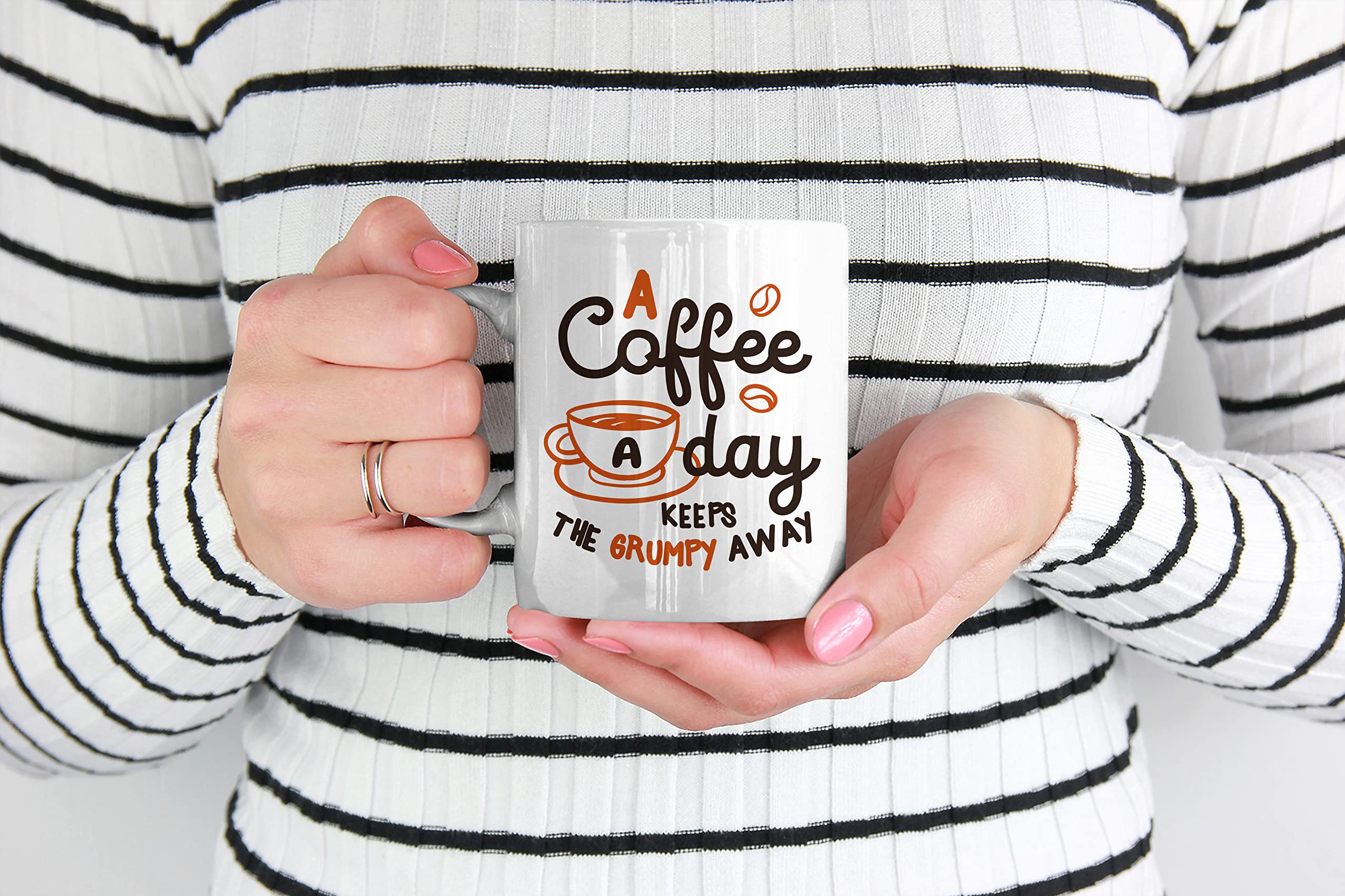 Premium White Ceramic Coffee & Tea Mug (11oz) - Perfect for Home, Office & Gifts - A Coffee a Day Keeps the Grumpy Away