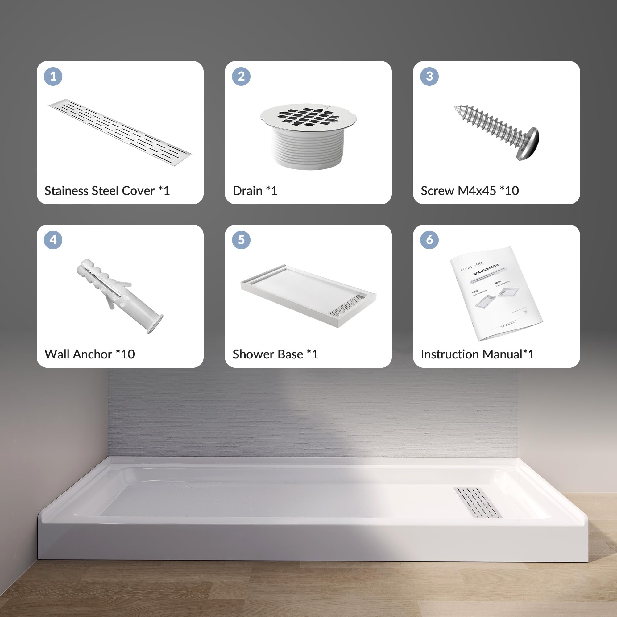 MORVANO 60x32 Inch Acrylic Shower Base Pan with Non-Slip Surface & Right Drain - White Bathroom Shower Tray with Removable Stainless Steel Cover | Perfect for Modern Bathroom Renovations and ADA Compliant Installations