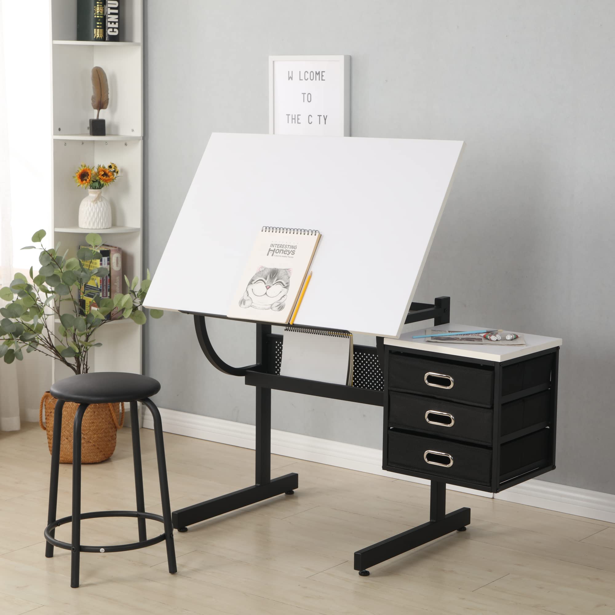 MOEYURO Adjustable Drafting Table for Artists & Adults - Portable Drawing Desk with 3 Slide Drawers & Stool - Perfect for Sketching, Painting & Crafting in Art Studio, Home Office or School Classroom