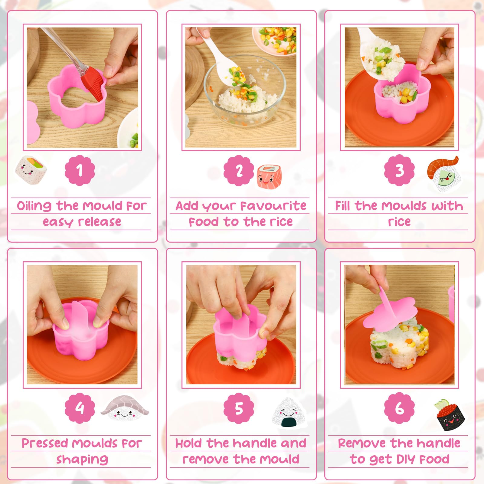 8-Piece Sushi Onigiri Musubi Maker Kit - Rice Ball Mold with Small Paddle & Brush for Perfect Homemade Japanese Snacks (Pink) | Ideal for Bento Boxes, Picnics & Party Food Prep