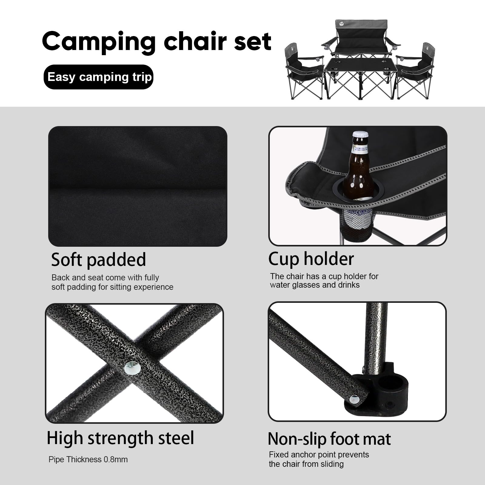 Northroad 4-Piece Outdoor Folding Camping Chair Set with Padded Seats - Includes 1 Loveseat, 2 Single Chairs & Portable Table - Compact Collapsible Design with Carry Bag - Perfect for Patio, Backyard, Beach, Picnics & Outdoor Gatherings (Black)
