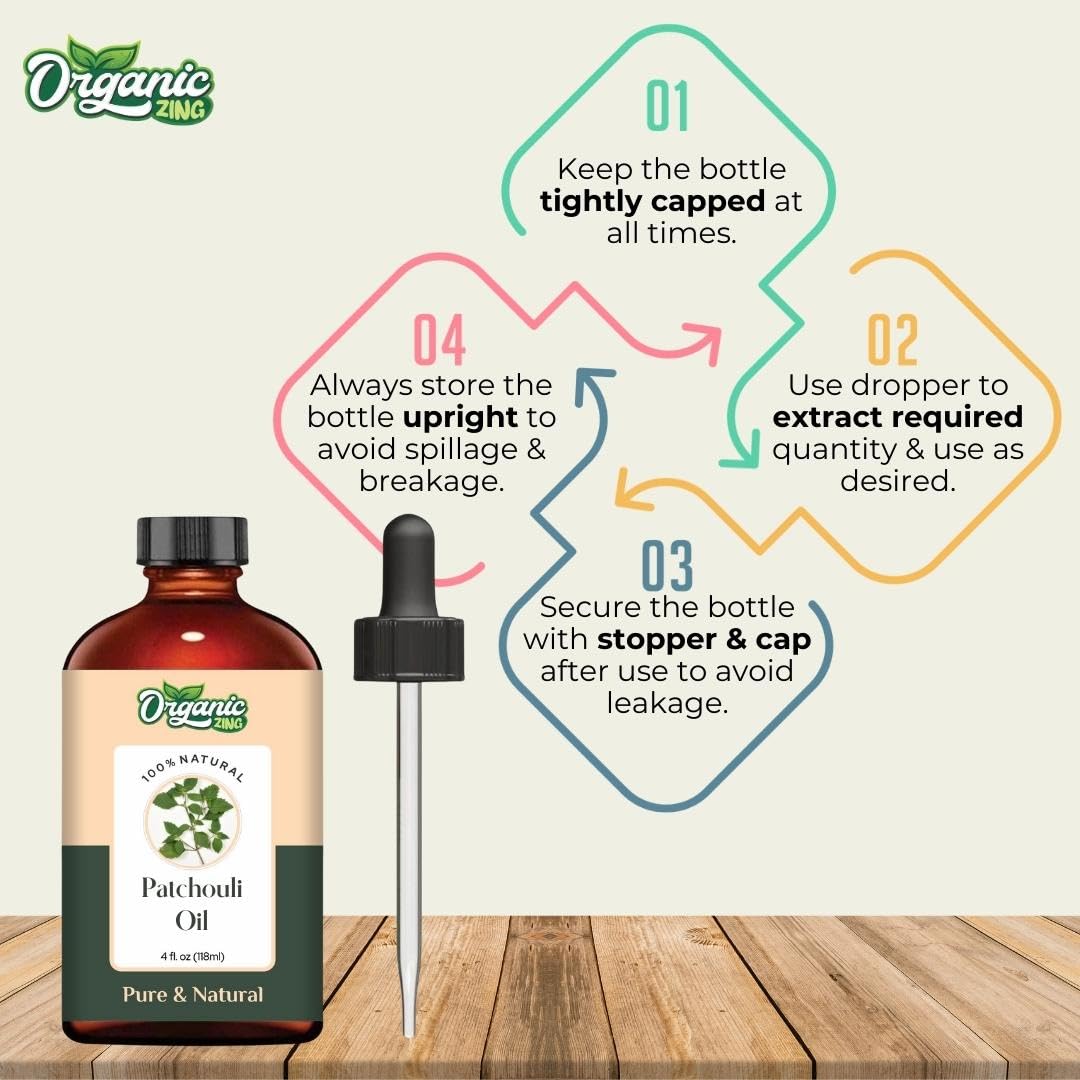 Organic Pure & Natural Patchouli Essential Oil for Skin, Face, Hair Care - Aromatherapy, Diffuser, Massage - 4oz (118ml) - Perfect for Relaxation, Stress Relief & DIY Beauty Products