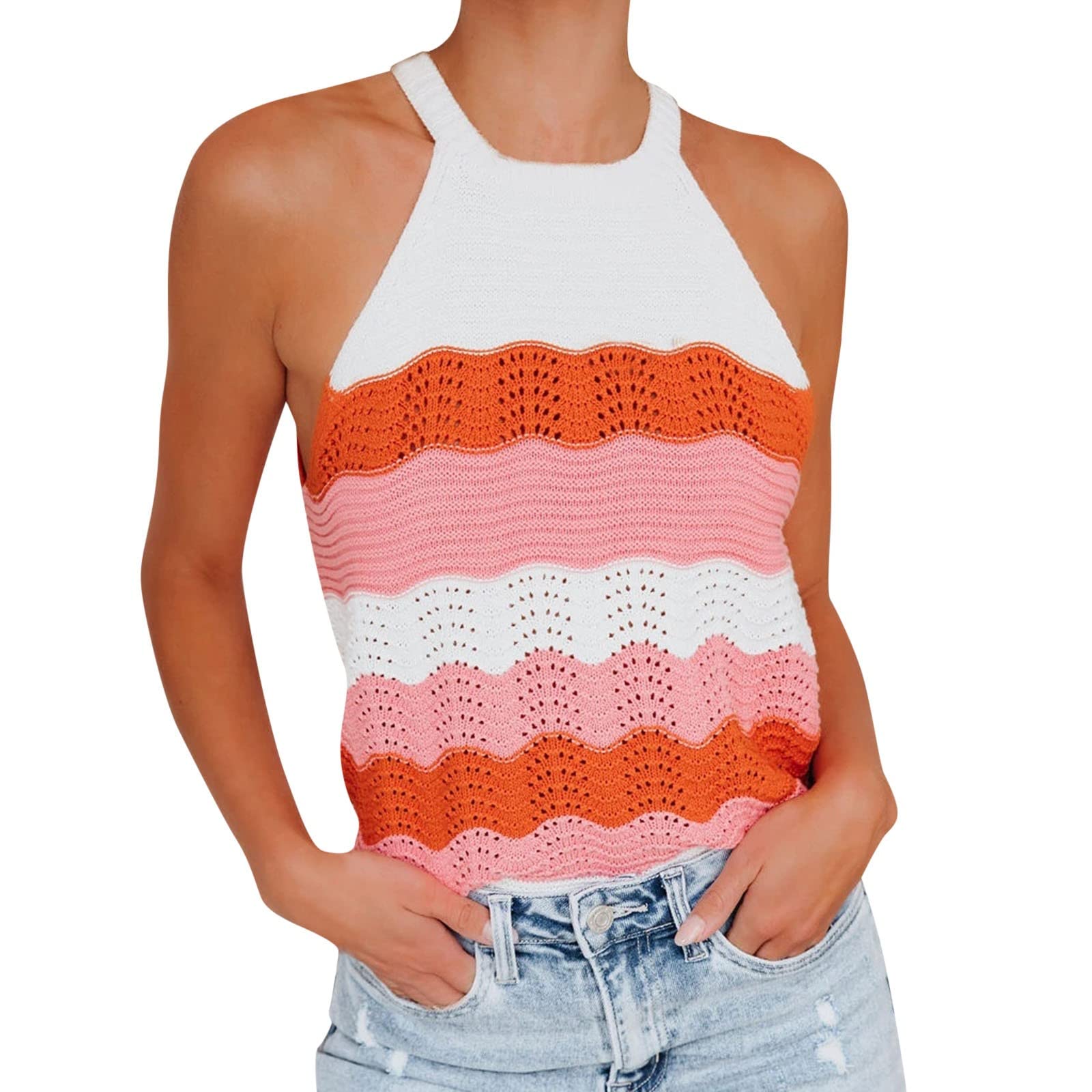 Women's Vintage Knit Crochet Tank Top - Halter Neck Tassel Sleeveless Cropped Vest Cami - Summer Beachwear & Bikini Cover Up for Pool, Vacation, and Boho Fashion