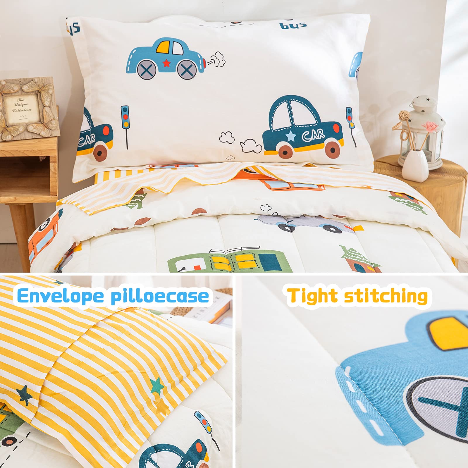 WONGS BEDDING Cars Toddler Bedding Set - 100% Cotton Soft Reversible Crib Bedding for Boys & Girls (4-Piece Set with Comforter, Flat Sheet, Fitted Sheet & Pillowcase) - Perfect for Nursery, Daycare & Toddler Rooms