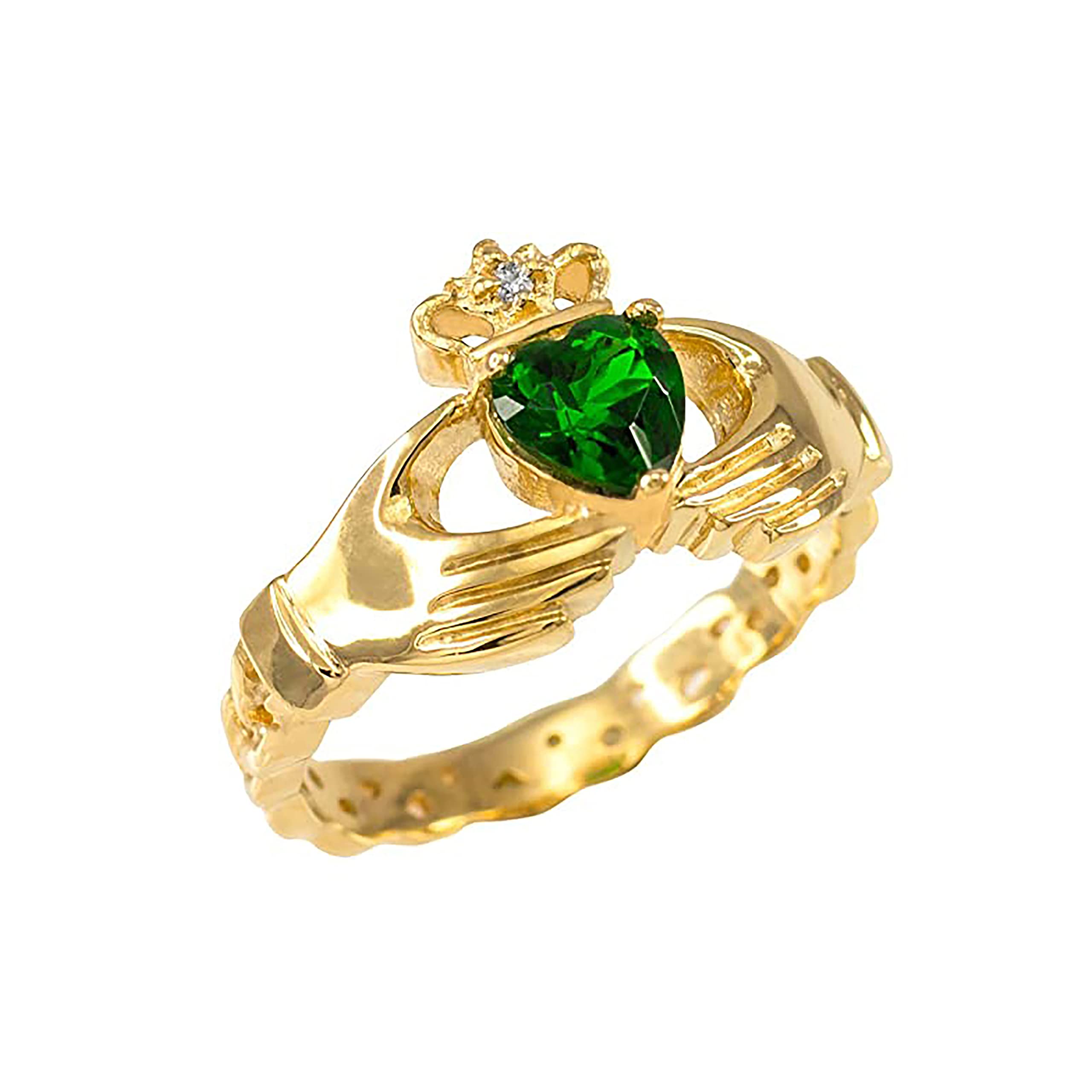 10K Solid Yellow Gold Personalized CZ Heart Diamond Crown Birthstone Claddagh Ring - Perfect for Birthdays, Anniversaries & Irish Heritage Celebrations