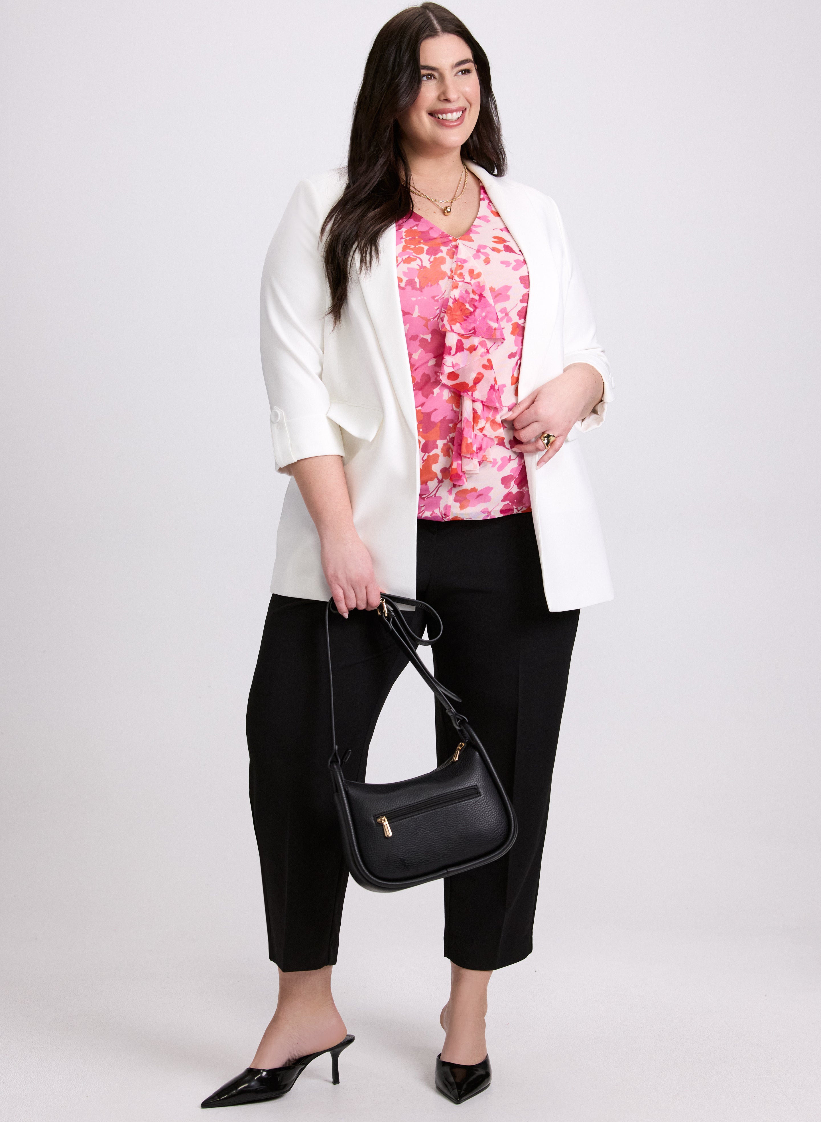 Floral Flounce Front Top Women's Blouse - Elegant Ruffled V-Neck Tunic for Spring & Summer Outfits | Perfect for Office, Date Night & Casual Wear