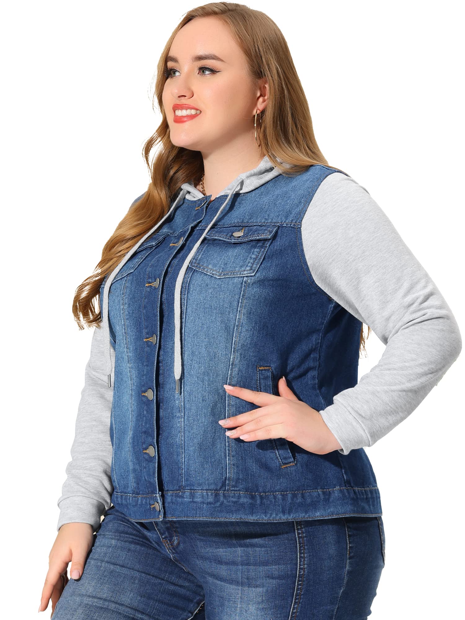 Agnes Orinda Women's Plus Size Denim Jacket - Layered Drawstring Hoodie with Pockets | Casual Outerwear for Street Style & Everyday Wear