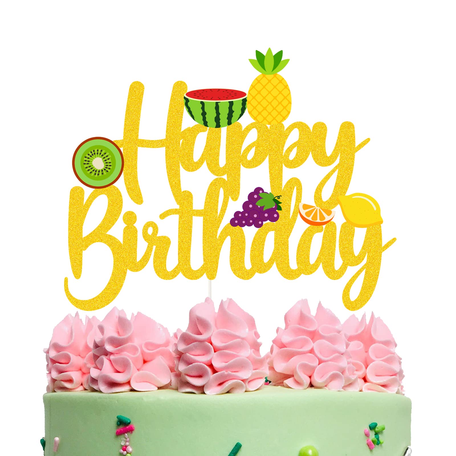 Fruit Cake Topper - Happy Birthday Cake Decorations, Summer Smash Cake Picks, Tropical Fruit Party Supplies for Boys Girls Baby Showers | Gold Dessert Decor for Birthday Parties, Baby Showers & Tropical Themed Events