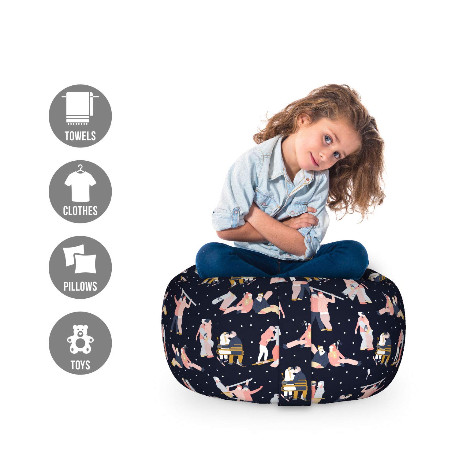 Ambesonne Washable Toy Storage Bag Chair - Couple Snowboarders & Skiers Hugging Design, Small Multicolor Stuffed Animal Organizer for Kids' Room, Nursery, or Playroom
