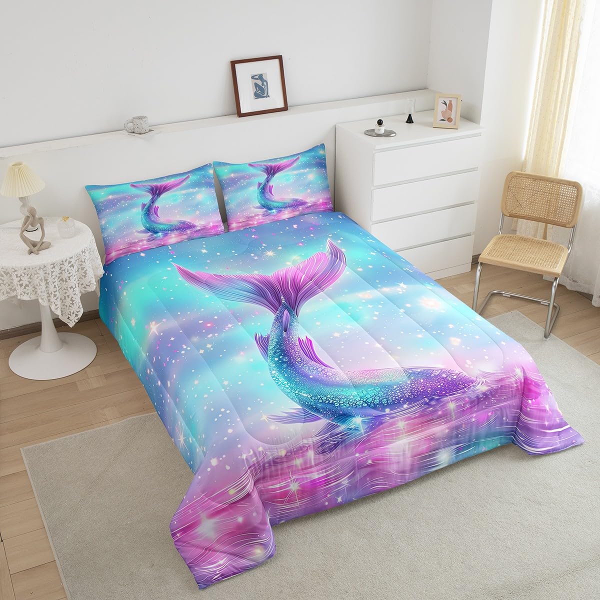 Erosebridal Mermaid Tail Duvet Cover Set - Twin Size Pastel Pink & Teal Ocean Theme Comforter with Glittery Starfish & Seashells for Girls Bedroom Decor | Kids Nautical Sea Animal Bedding | Perfect for Mermaid Themed Rooms, Birthday Gifts & Fantasy Sleepovers