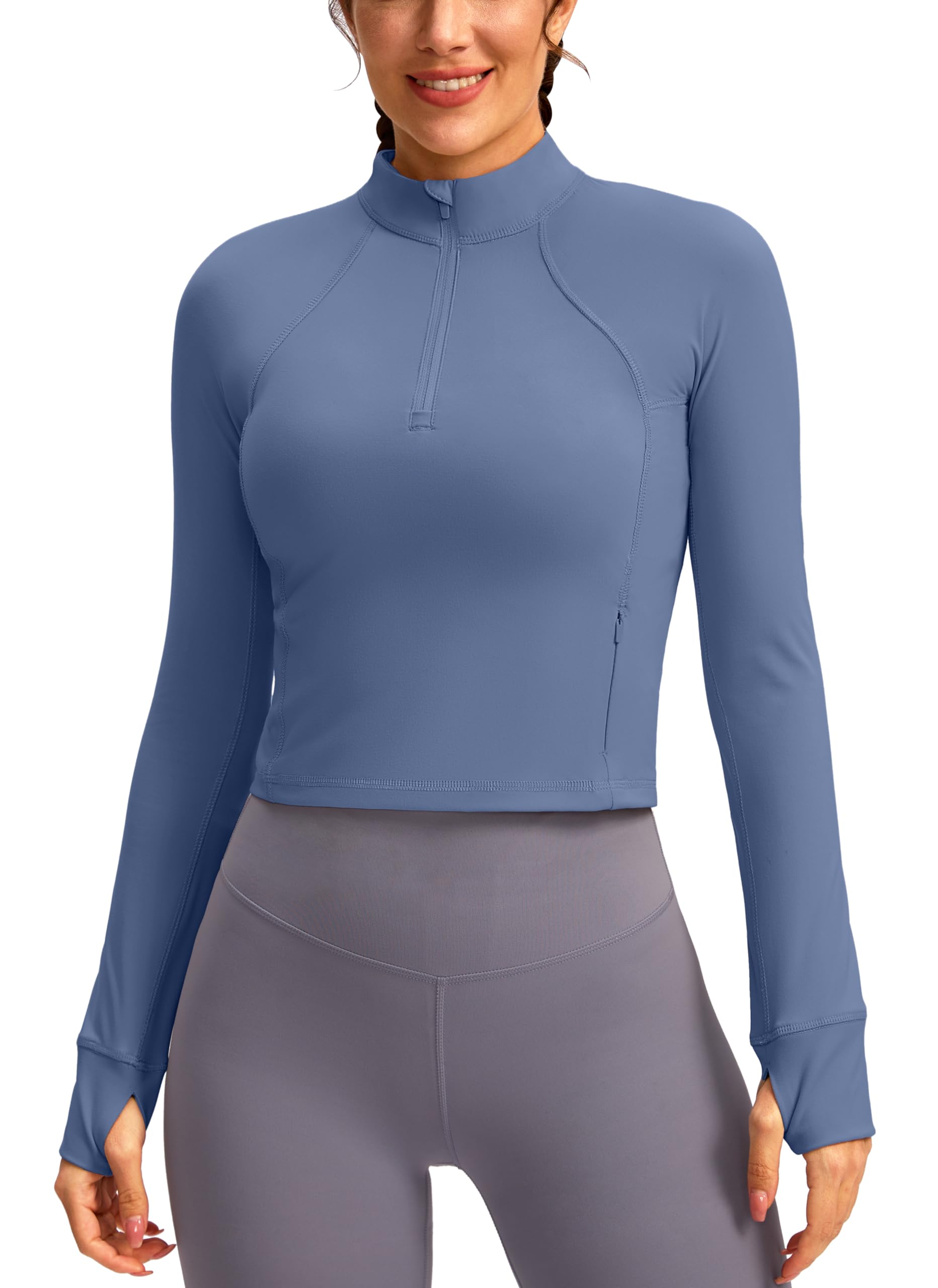 Soothfeel Women's Long Sleeve Workout Tops - Half Zip Yoga Gym Shirts & Cropped Athletic Running Jackets with Pocket | Perfect for Yoga, Gym, Running & Outdoor Activities