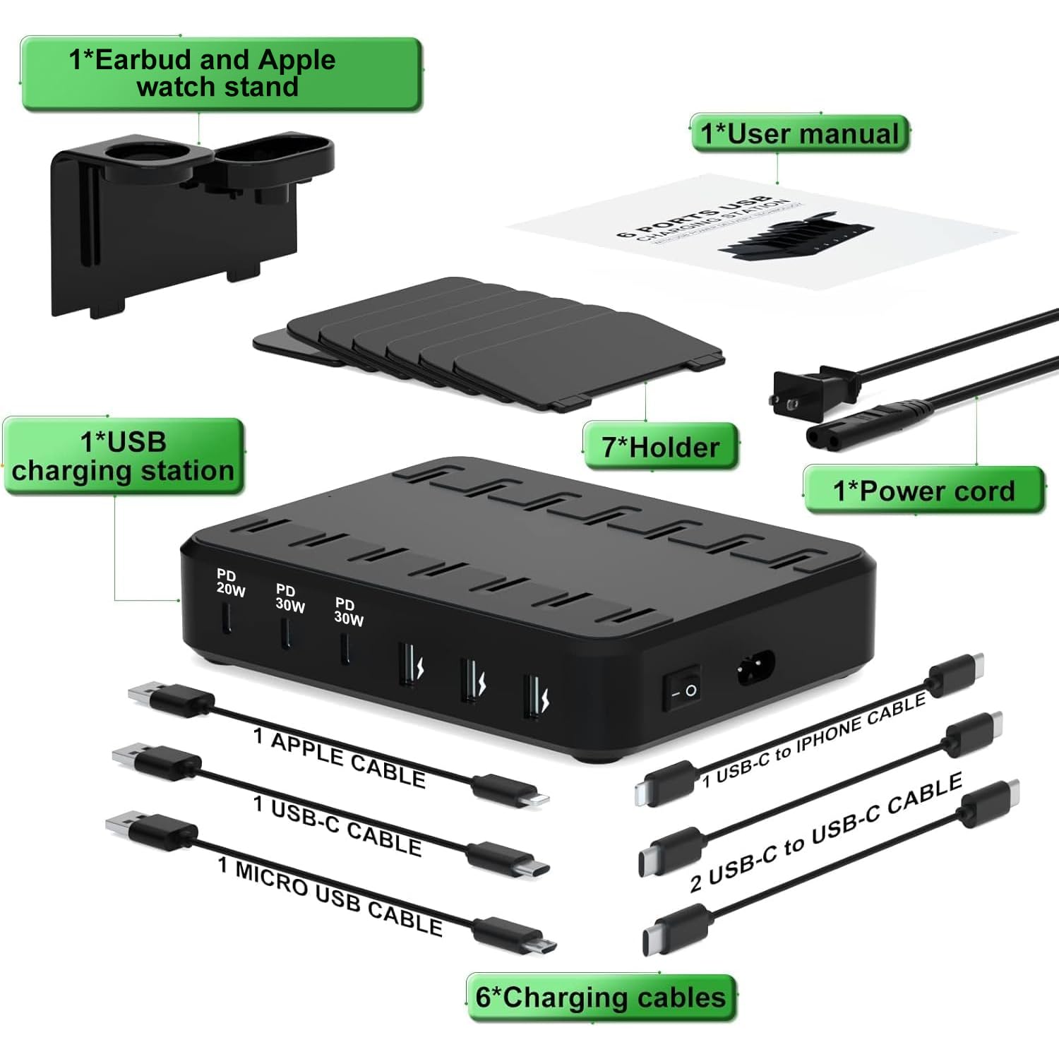 100W 6-Port USB Charging Station with 3 PD Fast Charge Ports - Multi-Device Charger for iPhone, iPad, Samsung Phones & Apple Watch (Watch Charger Sold Separately) | Perfect for Home, Office & Travel Use