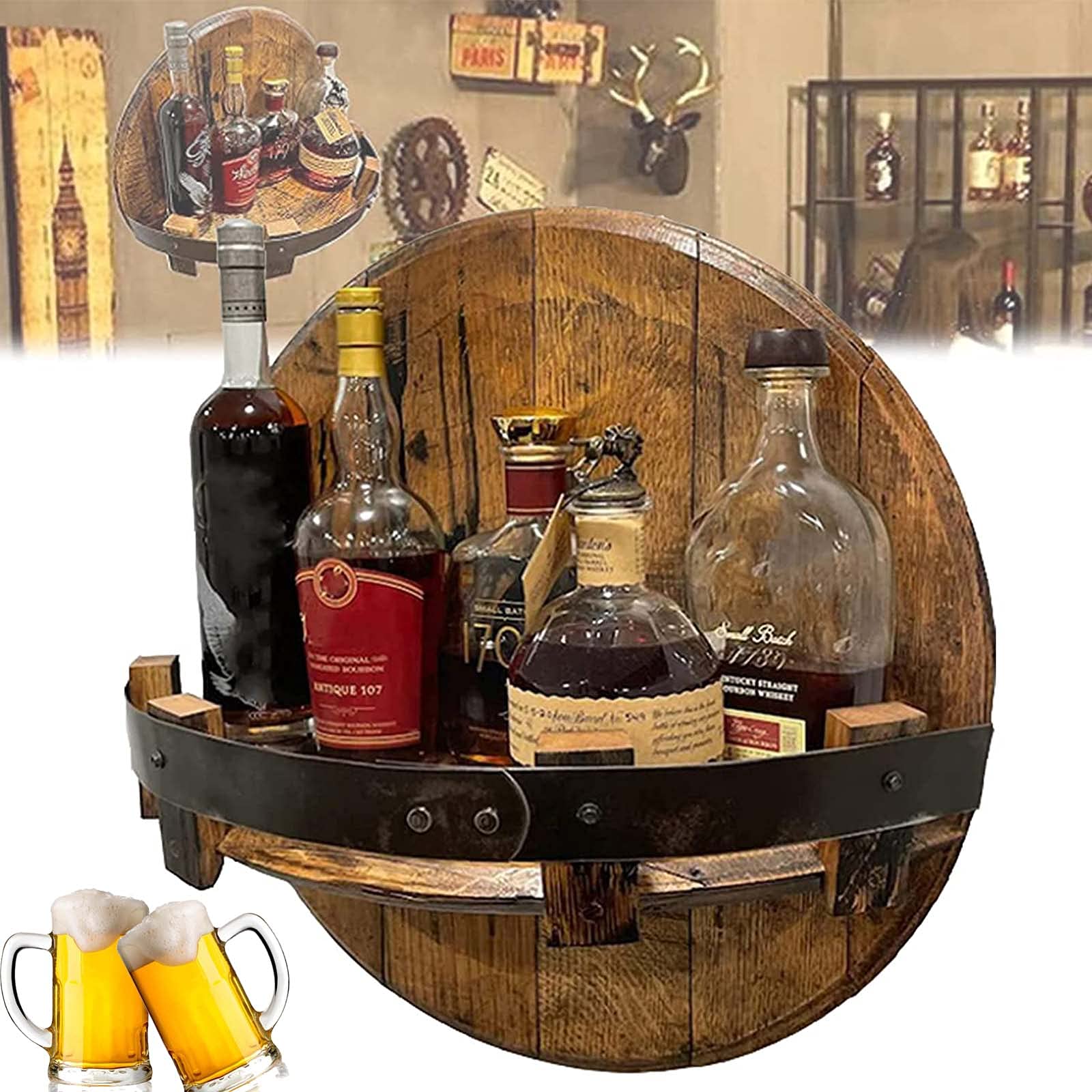 Vintage Round Wall Mounted Wine Rack - Handcrafted Wooden Liquor Bottle Display Shelf | Whiskey & Bourbon Bottle Holder Organizer | Perfect for Home Bar, Kitchen Decor & Gift Idea