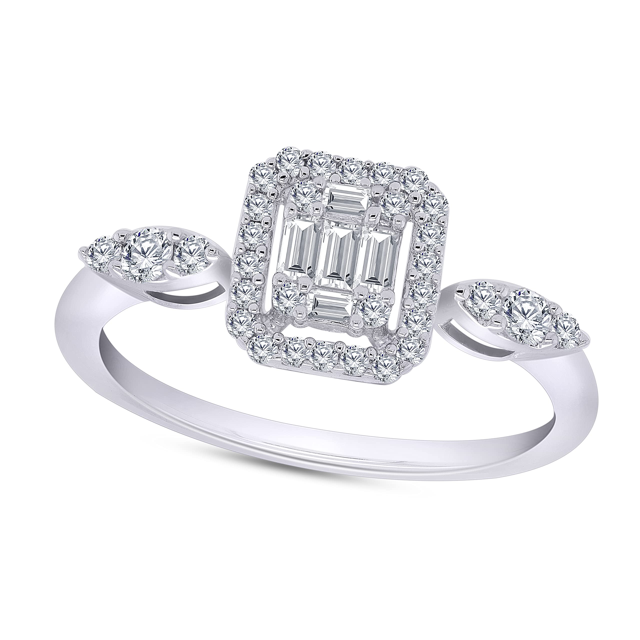 Shineadime 1/3 Carat Natural Diamond Halo Engagement Ring - 14k Gold Over 925 Sterling Silver, Baguette & Round Cut White Diamond Cluster (I2 Clarity, J Color, 0.30 CTW) - Perfect for Proposals, Anniversaries & Special Occasions