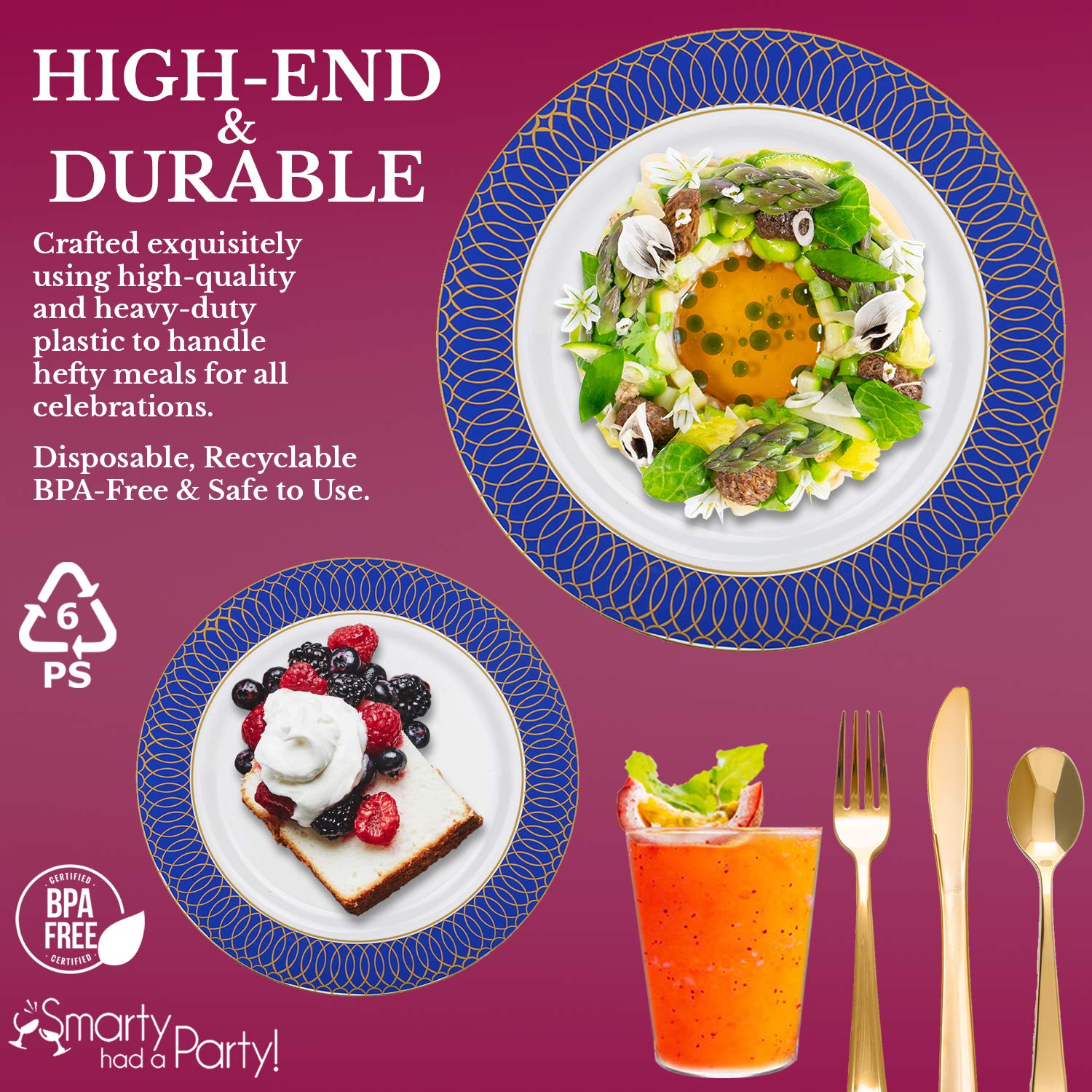 Elegant Disposable Plastic Dinnerware Set for 60 Guests - Premium White with Blue Trim Plates, Salad Dessert Appetizer Dishes, Cutlery & Cups | Perfect for Weddings, Birthday Parties, Catering Events & Special Occasions | Durable & Stylish Tableware for Hassle-Free Entertaining