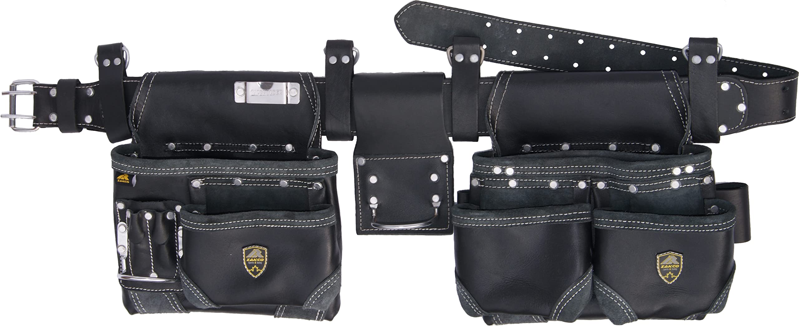 Zakco PRO-20 Oil Tanned Genuine Grain Leather Tool Belt for Construction, Framing, Roofing & Drywall - Heavy Duty Leather Work Belt with Tool Pouches & Rig (Black) - Perfect for Carpenters, Contractors & DIY Home Improvement Projects