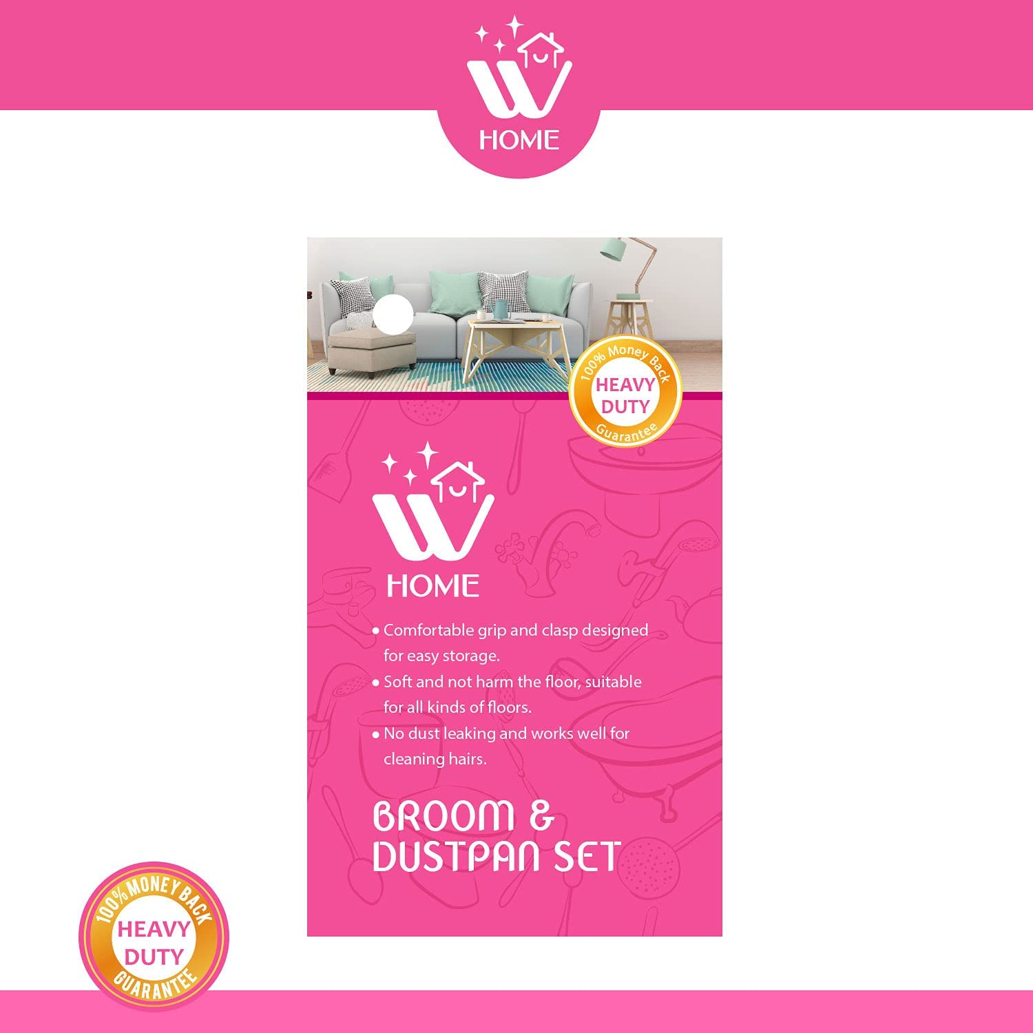 WBM Home Broom and Dustpan Set - Long Bristle Cleaning Brush for Hardwood Floors, Tile & Multi-Surfaces | Ideal for Kitchen, Garage & Household Cleaning