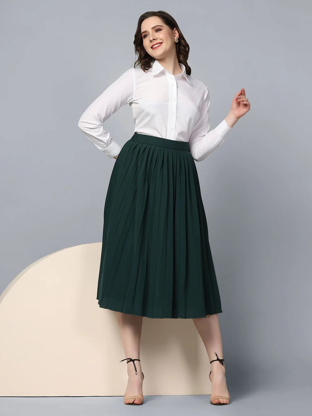 Green Pleated Skirt with Collared Crepe Shirt Set - Women's Fashion Outfit for Office, Date Night & Spring Outings
