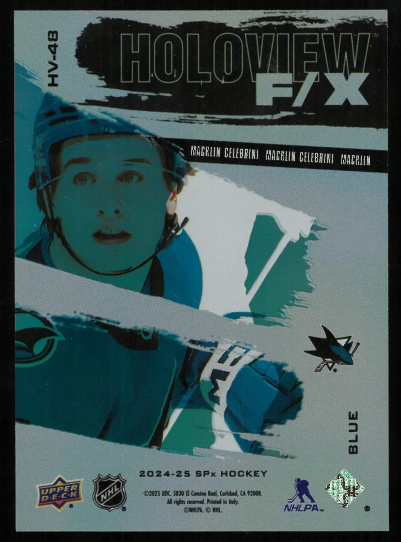 2024-25 Upper Deck SPX Hockey Macklin Celebrini Rookie Card Holoview FX Blue /399 - Collectible Sports Memorabilia for Hockey Fans & Card Collectors