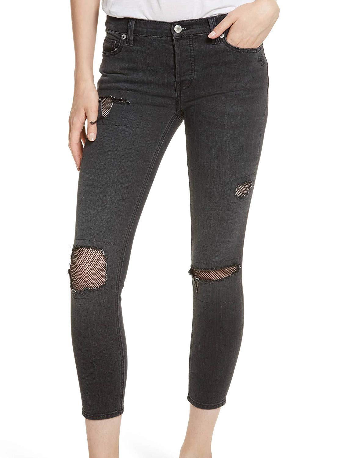Free People Women's Fishnet Skinny Jeans - Black Size 26/26.5 | Stretch Denim Pants for Casual Outfits & Night Out Looks