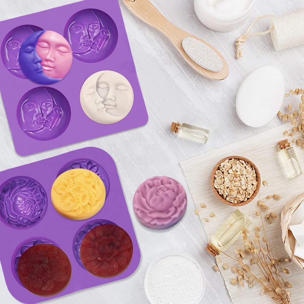 2 PCS SENHAI Silicone Soap Molds Set - 4 Cavity Sun & Moon Face Molds & 4 Cavity Flower Shapes Molds for DIY Soap Making, Homemade Lotion Bars, Cake Decorating, Chocolate & Pudding - Perfect for Crafting, Gifts & Home Baking