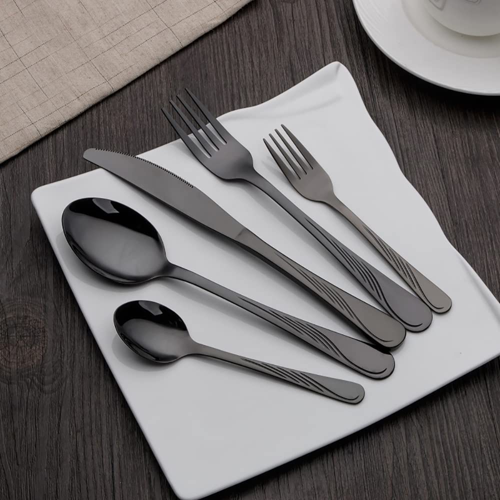 40-Piece Black Silverware Set for 8 - Premium Stainless Steel Flatware Utensils with Knives, Spoons & Forks - Modern Cutlery Set for Home, Kitchen, Restaurant & Hotel - Dishwasher Safe & Reusable - Perfect for Dinner Parties, Weddings & Everyday Dining