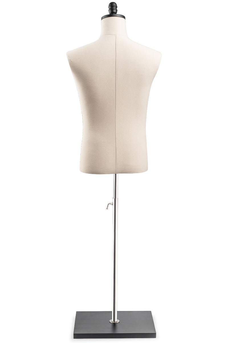 TSC Medium Black Male Dress Form Mannequin - Natural Canvas Fabric on Modern Wooden Square Base | Perfect for Tailors, Fashion Designers & Boutique Displays