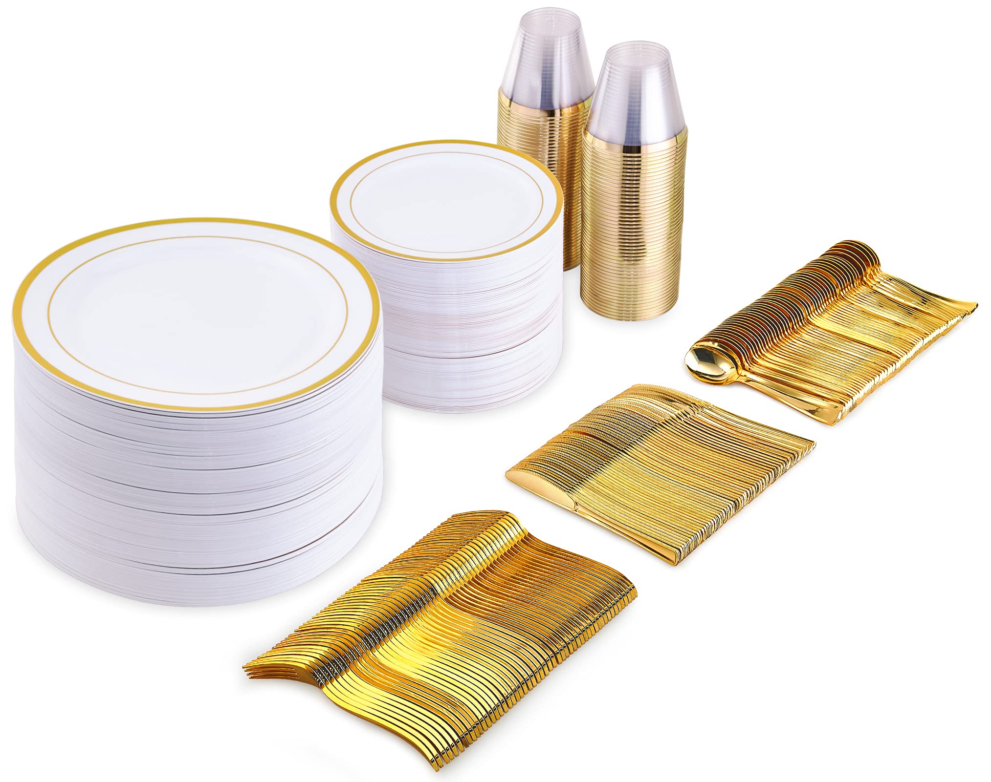 600-Piece Gold Disposable Dinnerware Set - 200 Gold Plastic Plates, 300 Gold Plastic Forks & Spoons, 100 Gold Plastic Cups - Elegant Party & Wedding Tableware for 100 Guests - Perfect for Birthday Celebrations, Bridal Showers, Anniversary Parties and Formal Events