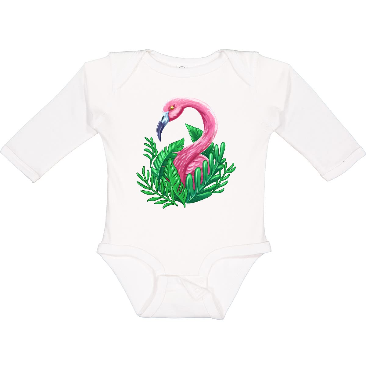 Inktastic Flamingo & Tropical Plants Long Sleeve Baby Bodysuit - Soft Cotton Onesie for Newborns, Infant Outfit, Gender Neutral Creeper for Beach Vacation & Tropical Theme Photoshoots