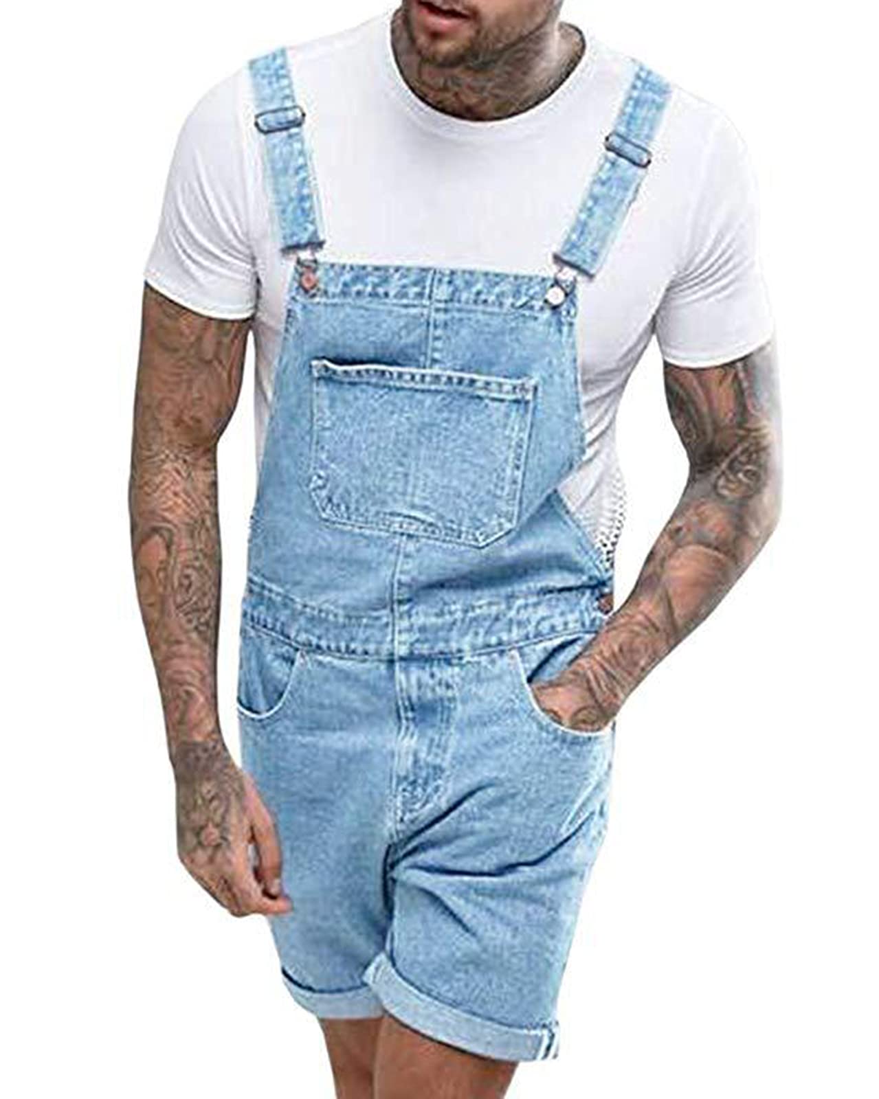 **Men's Slim Fit Denim Short Overalls - Stretch Jean Jumpsuit for Casual Wear & Summer Outfits**