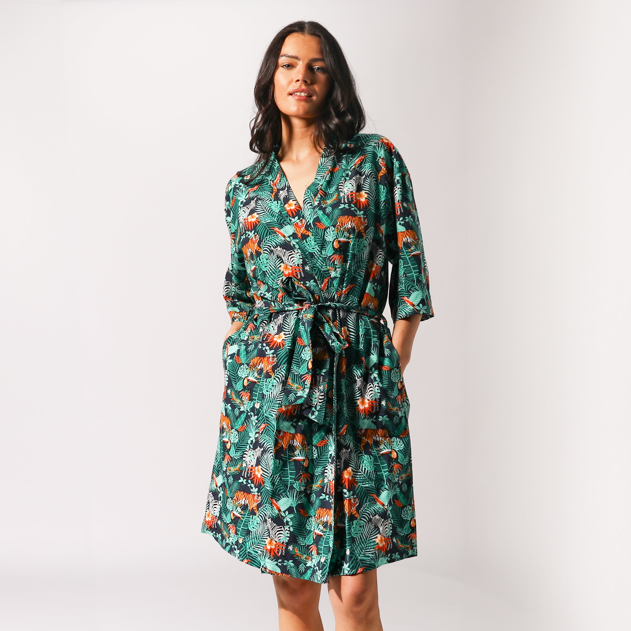 Women's Dark Jungle Woven Robe - Soft Green Loungewear for Spa, Yoga & Relaxation at Home